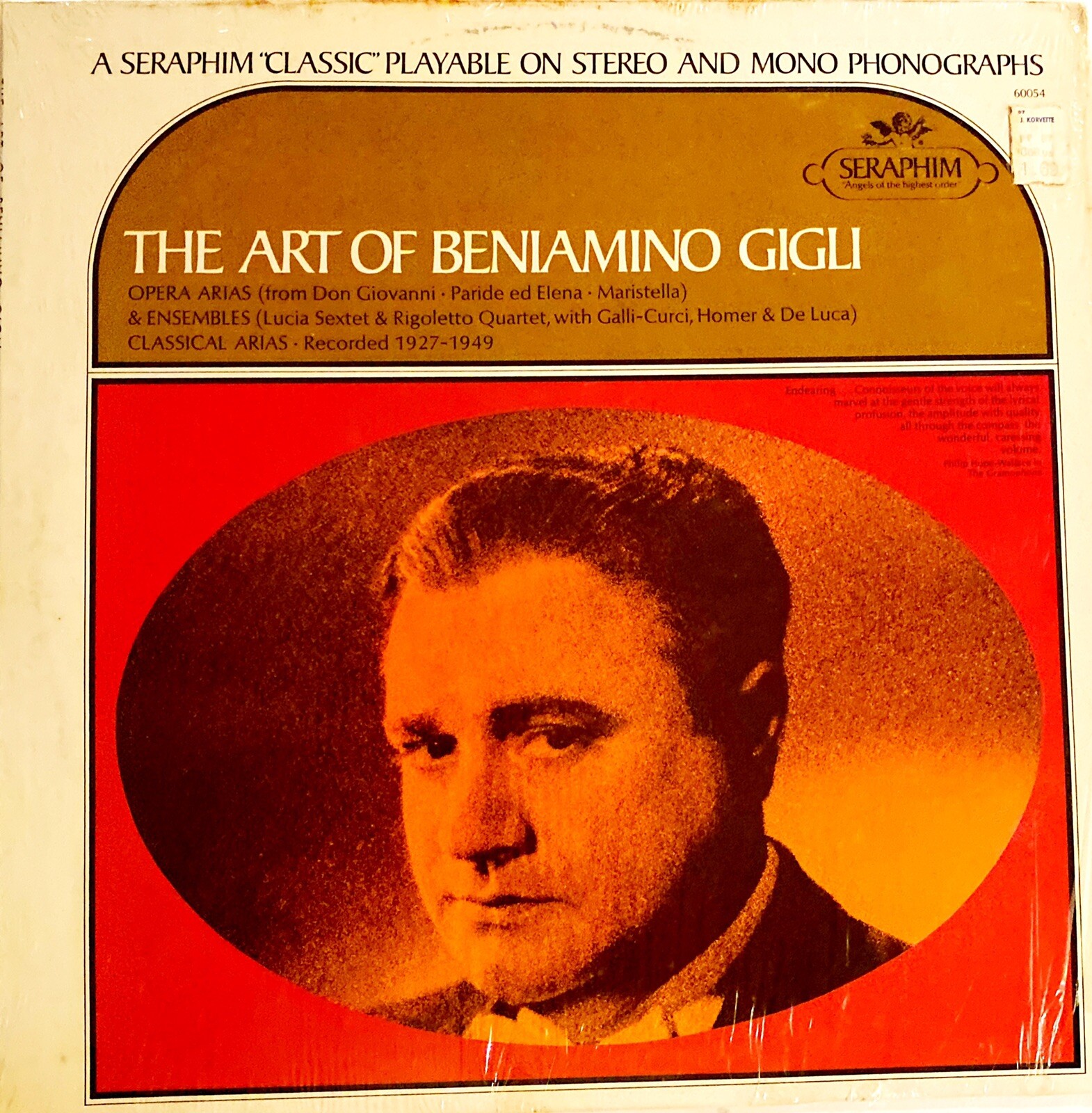 The Art of Beniamino Gigli Volume 1 LP/Record Album~Seraphim~1927-1949