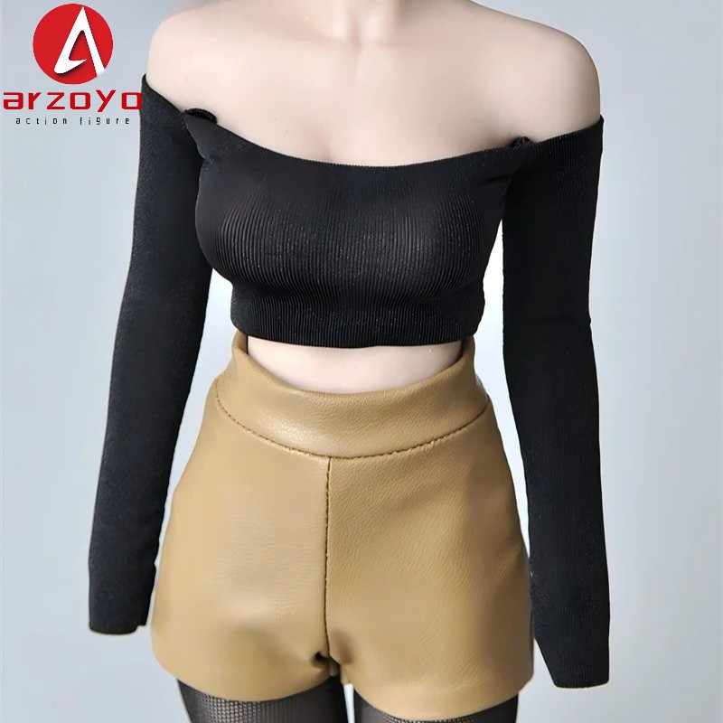 Completo corto 1/6 donna nero stretto manica lunga monospalla per figura 12"