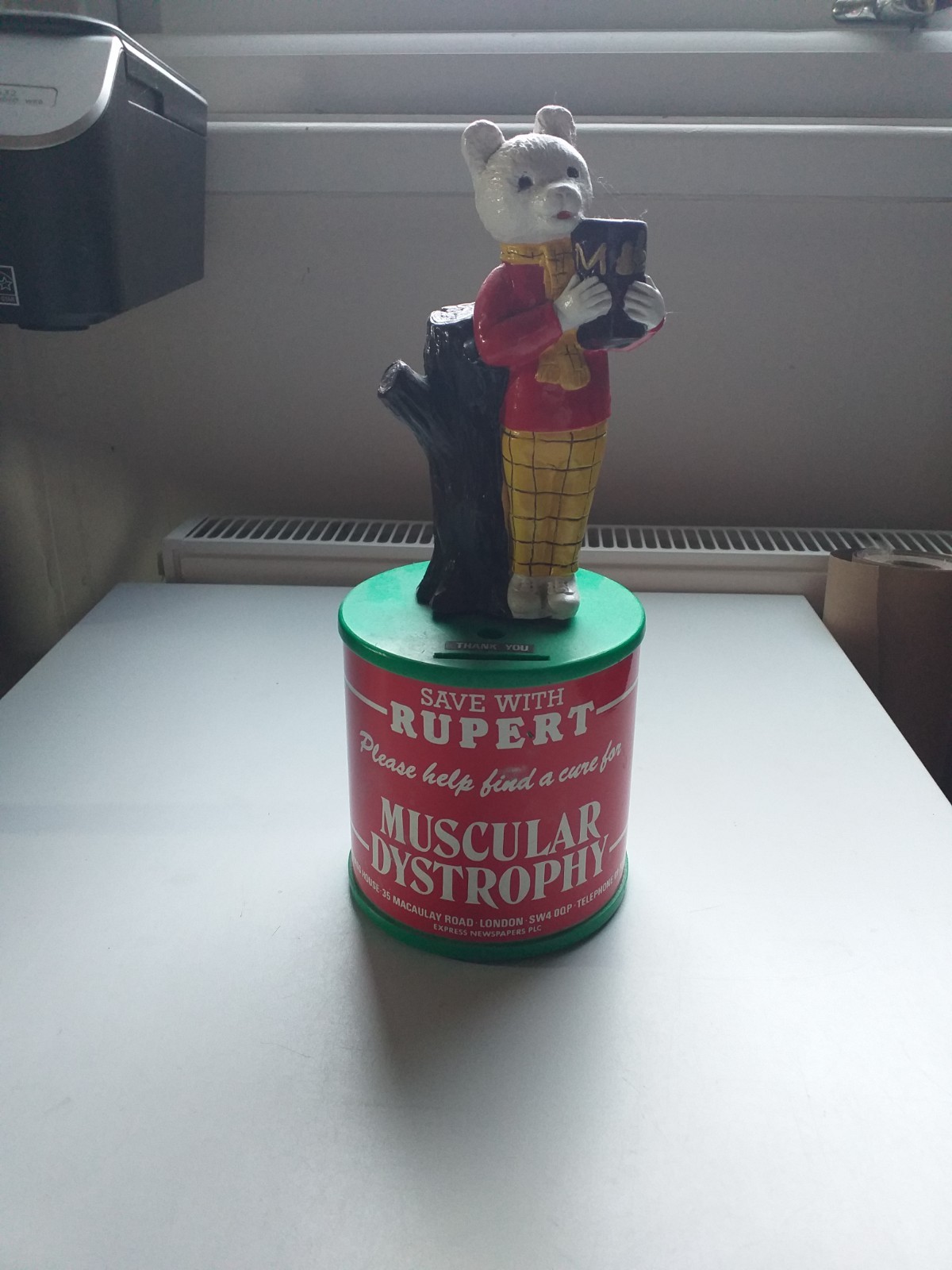 RUPERT BEAR * MUSCULAR DYSTROPHY PLASTIC CHARITY BOX *  GOOD CONDITION *