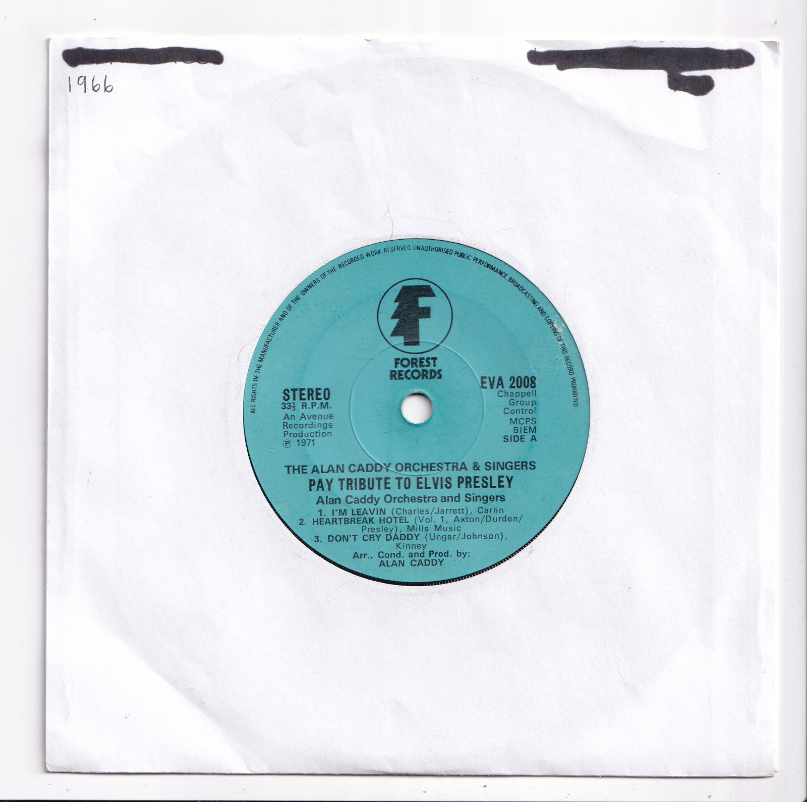 (AV484) The Alan Caddy Orchestra, Pay Tribute To Elvis Pres- 1971 - 7 inch vinyl