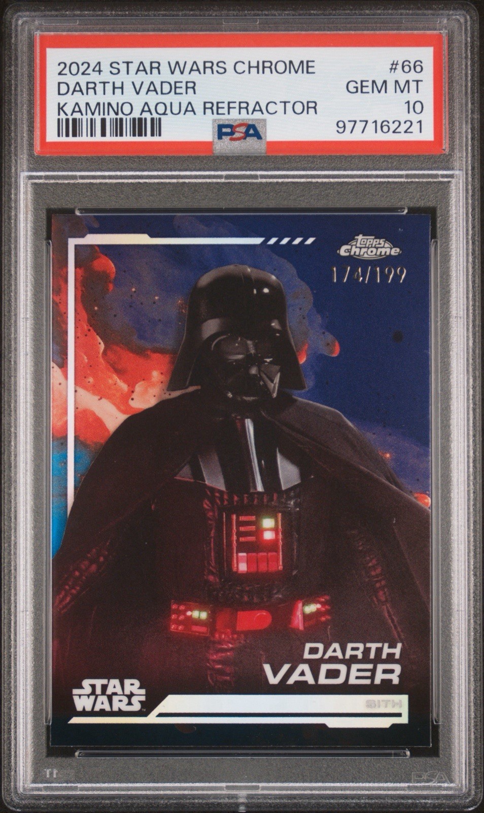 2024 Topps Star Wars Chrome 66 Darth Vader Kamino Aqua rifrattore / 199 PSA 10