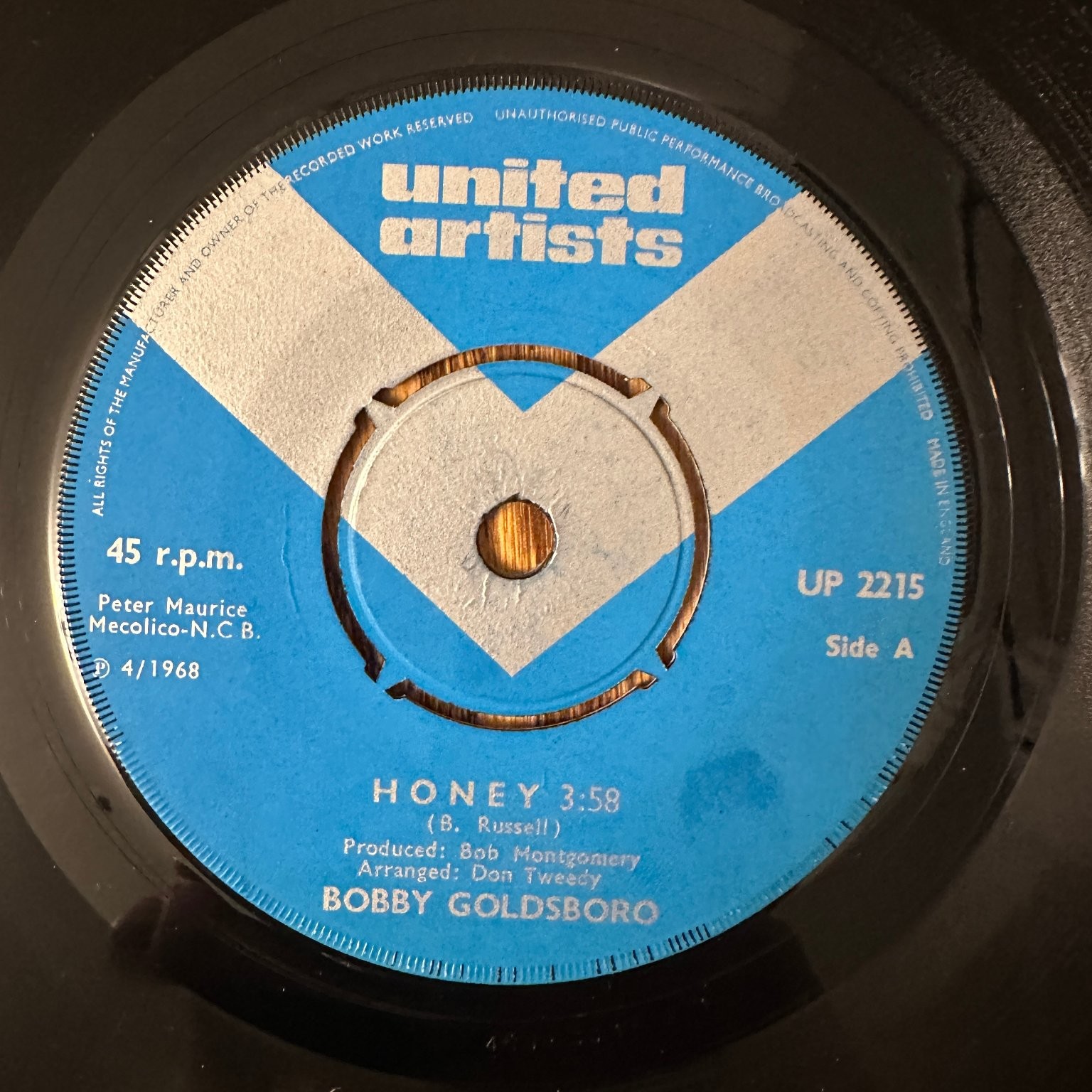 Bobby Goldsboro – Honey 7" Single Record 1968 UK United Artists Pop 45 RPM