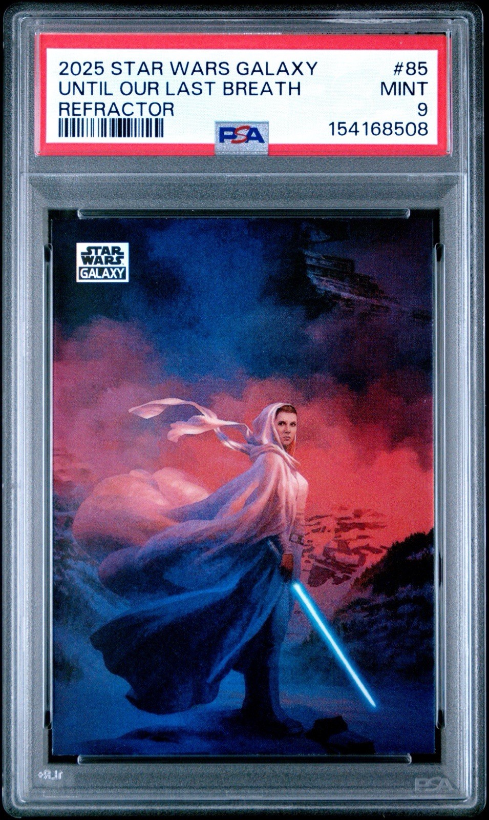 2025 Topps Star Wars Galaxy OUR LAST BREATH LEIA #85 RIFRATTORE PSA 9 COME NUOVO POP 1