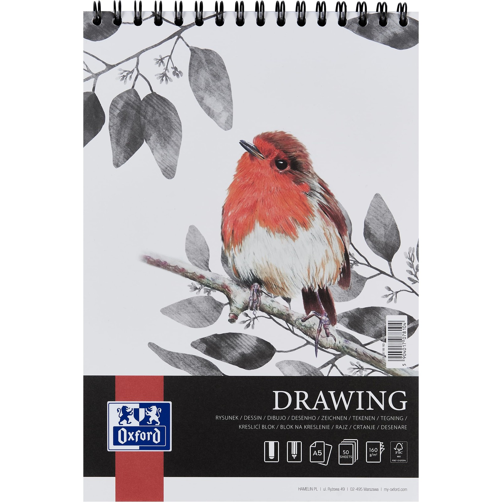 Oxford Artistic  Blocco da disegno formato A5, 50 fogli, con doppia spirale, ...