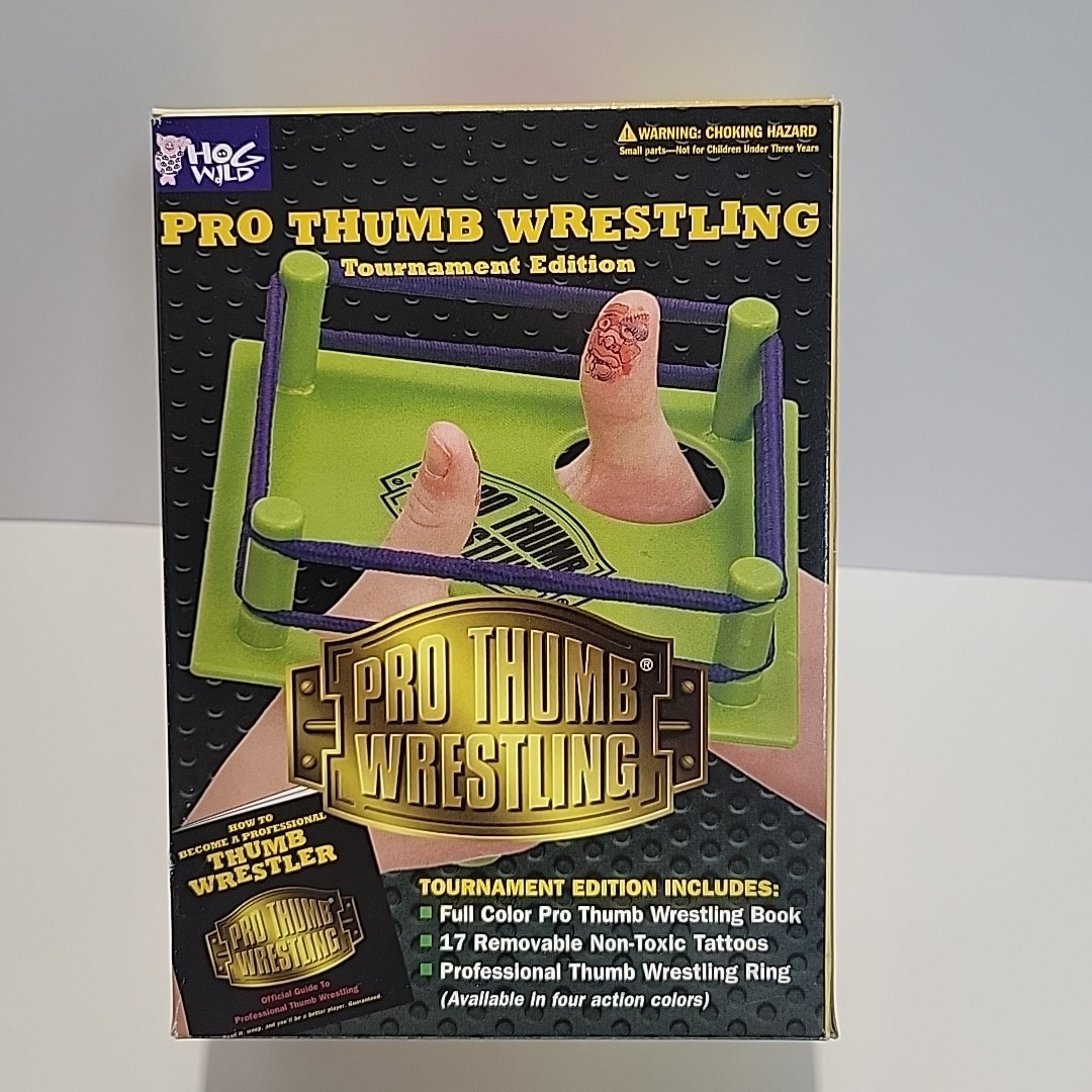 Vintage Pro Thumb Wrestling Arena Yellow Mat 2 giocatori Hog Wild 1998 con 17 tatuaggi