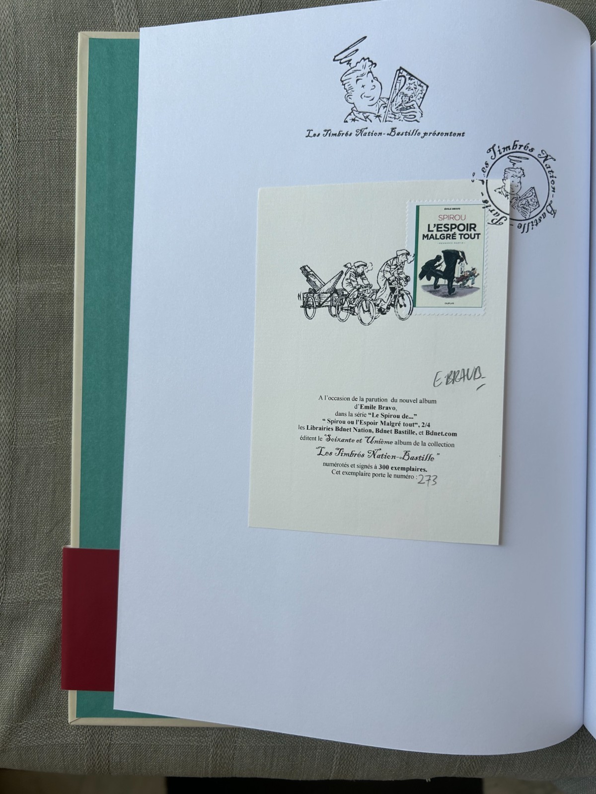 ÉMILE BRAVO SPIROU L'ESPOIR MALGRÉ TOUT TOME 2 TIMBRE NATION 300 EX EN ÉTAT NEUF