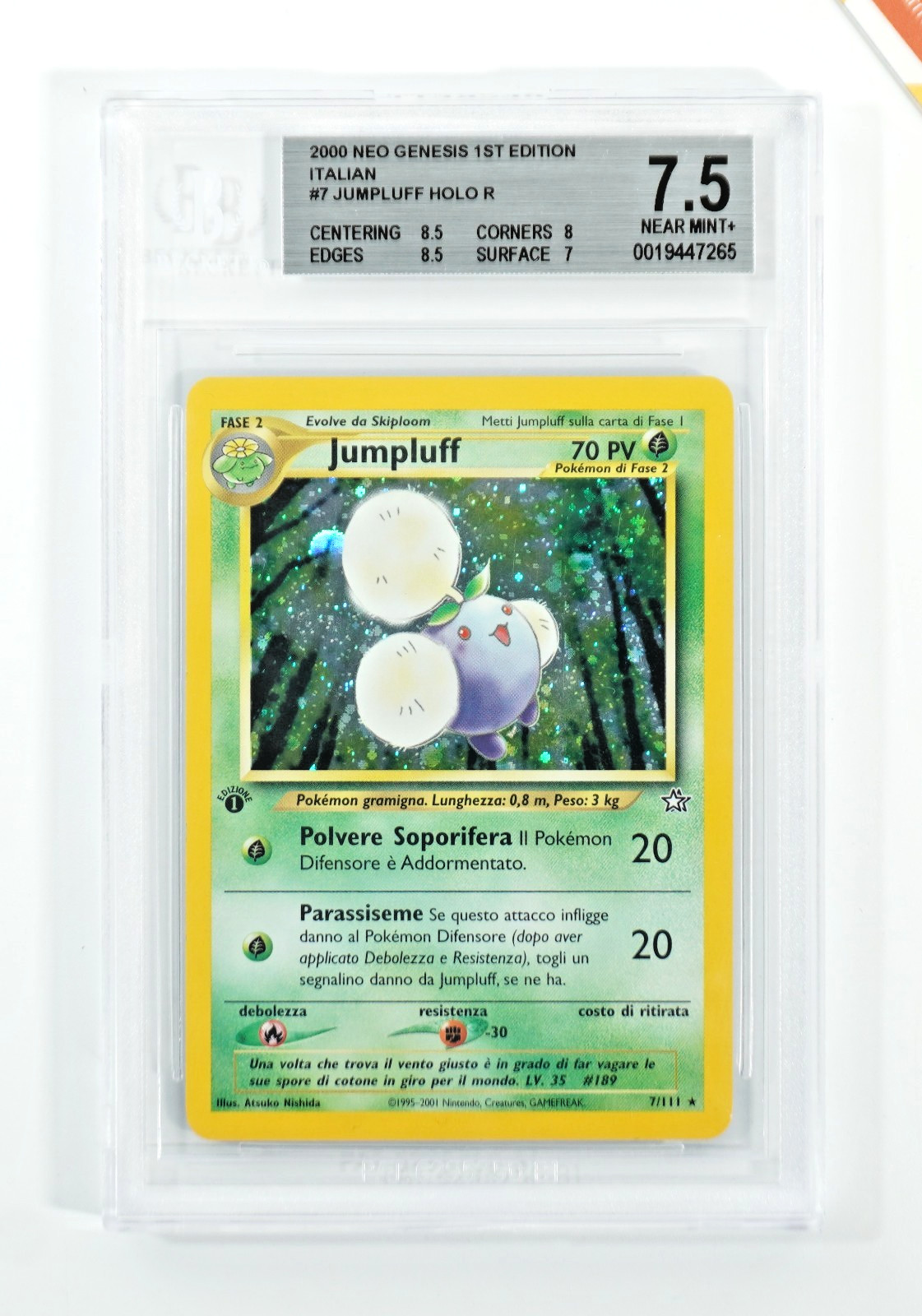 Pokemon BGS 7.5 Jumpluff #7 Holo Prima Edizione Neo Genesis 2000 Italiano