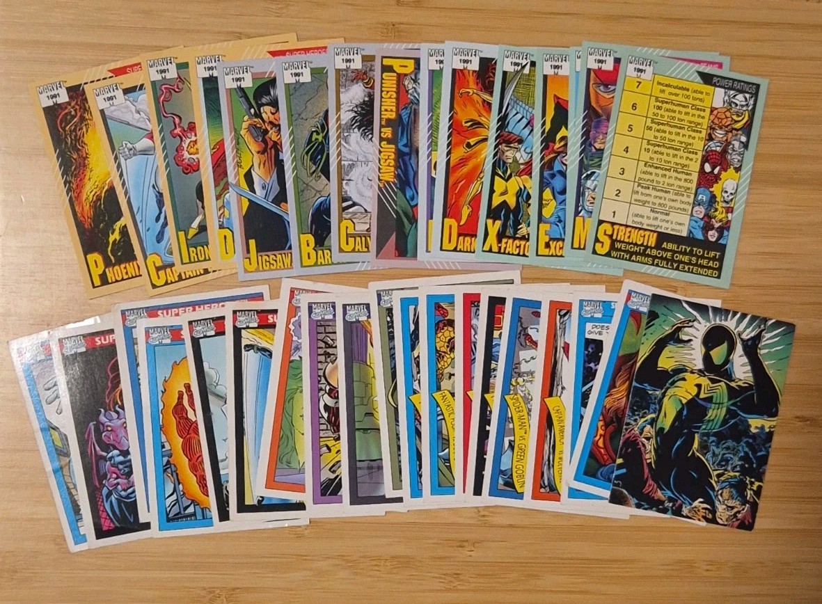 Lotto di 34 carte collezionabili Marvel Comics Ultron Ironman Human Torch 1990 1991 1992 
