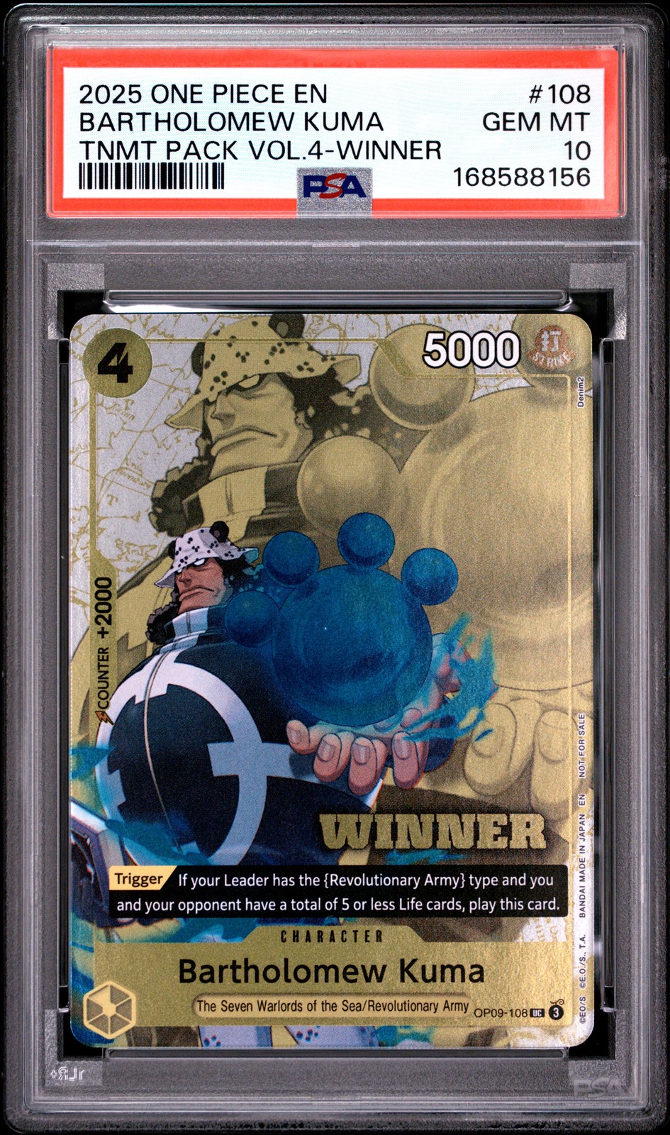 2025 ONE PIECE TOURNAMENT PACK VOL.4 WINNER #108 BARTHOLOMEW KUMA PSA 10