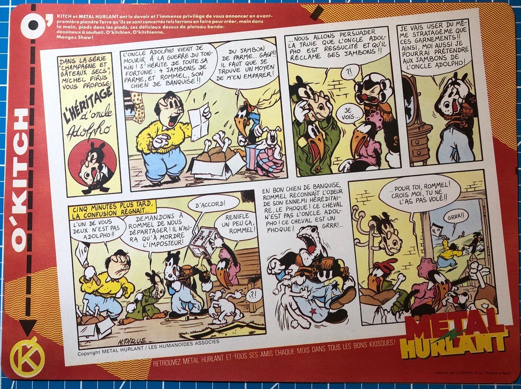 PIRUS L'HÉRITAGE DE L'ONCLE PLANCHE INÉDITE SET DE TABLE PUBLICITÉ O'KITCH 1986