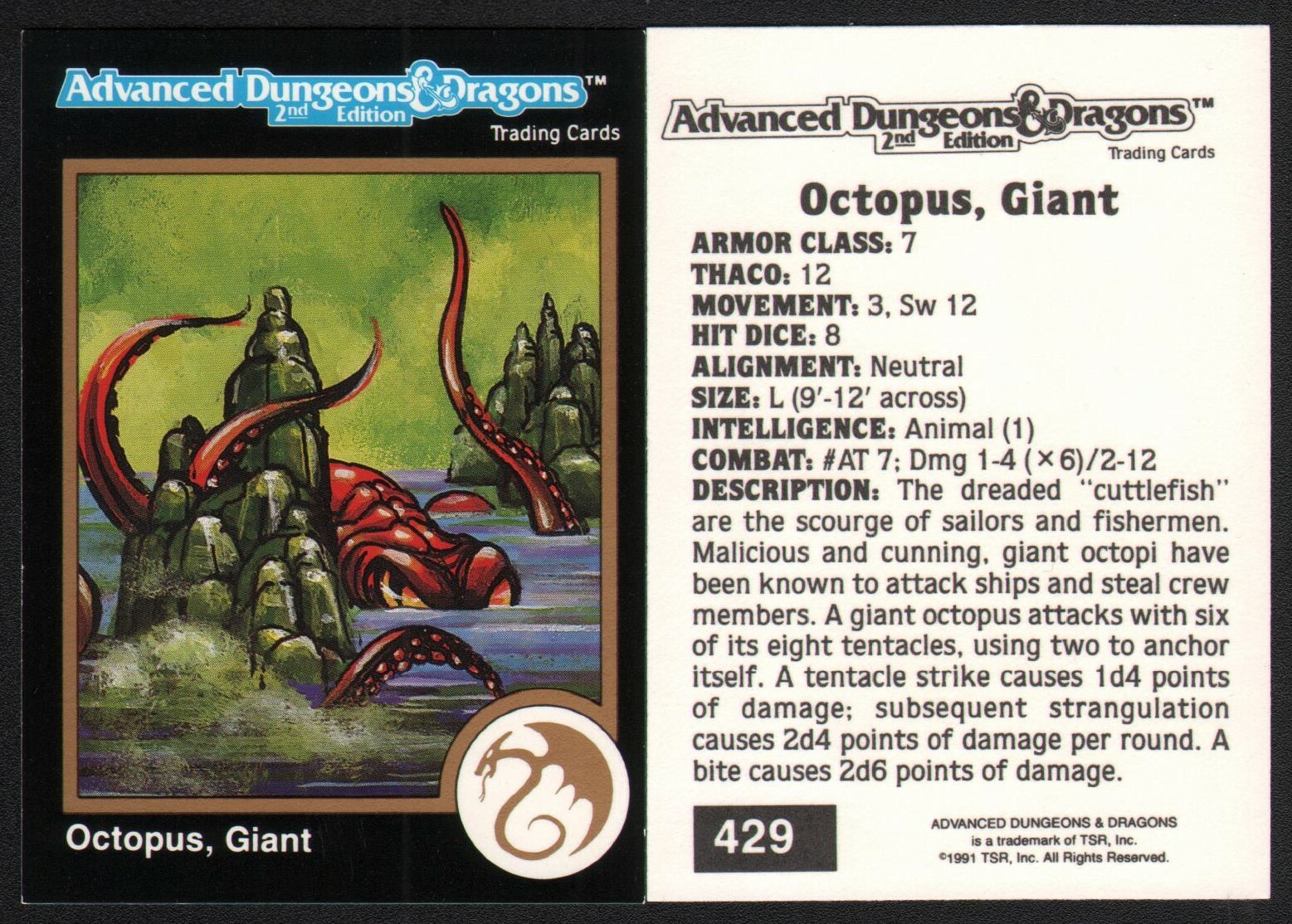 1991 TSR AD&D Gold Border Fantasy Art RPG Card 429 Dungeons & Dragons ~ Octopus