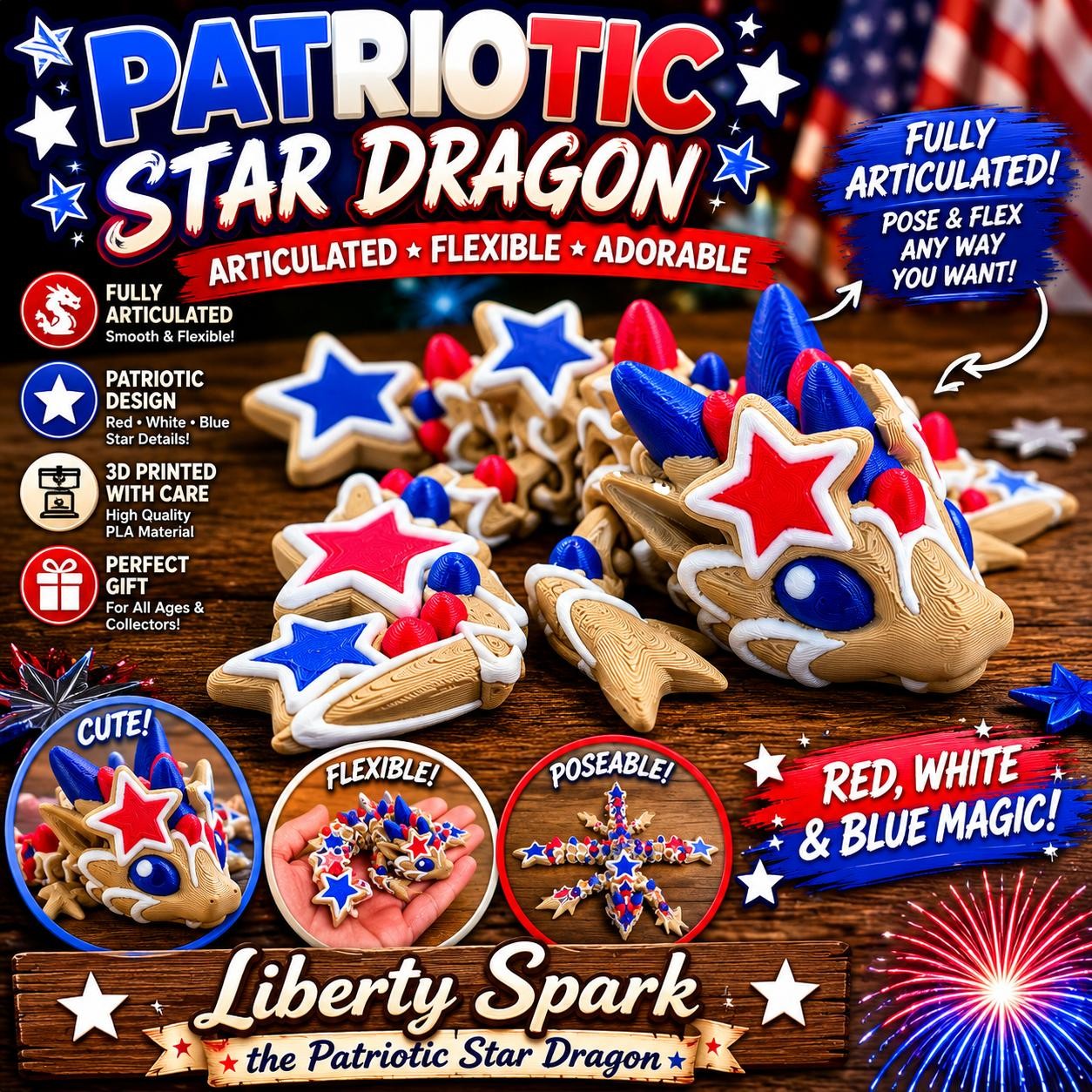 Drago stella patriottica articolato stampato in 3D USA fantasy fidget scrivania giocattolo regalo