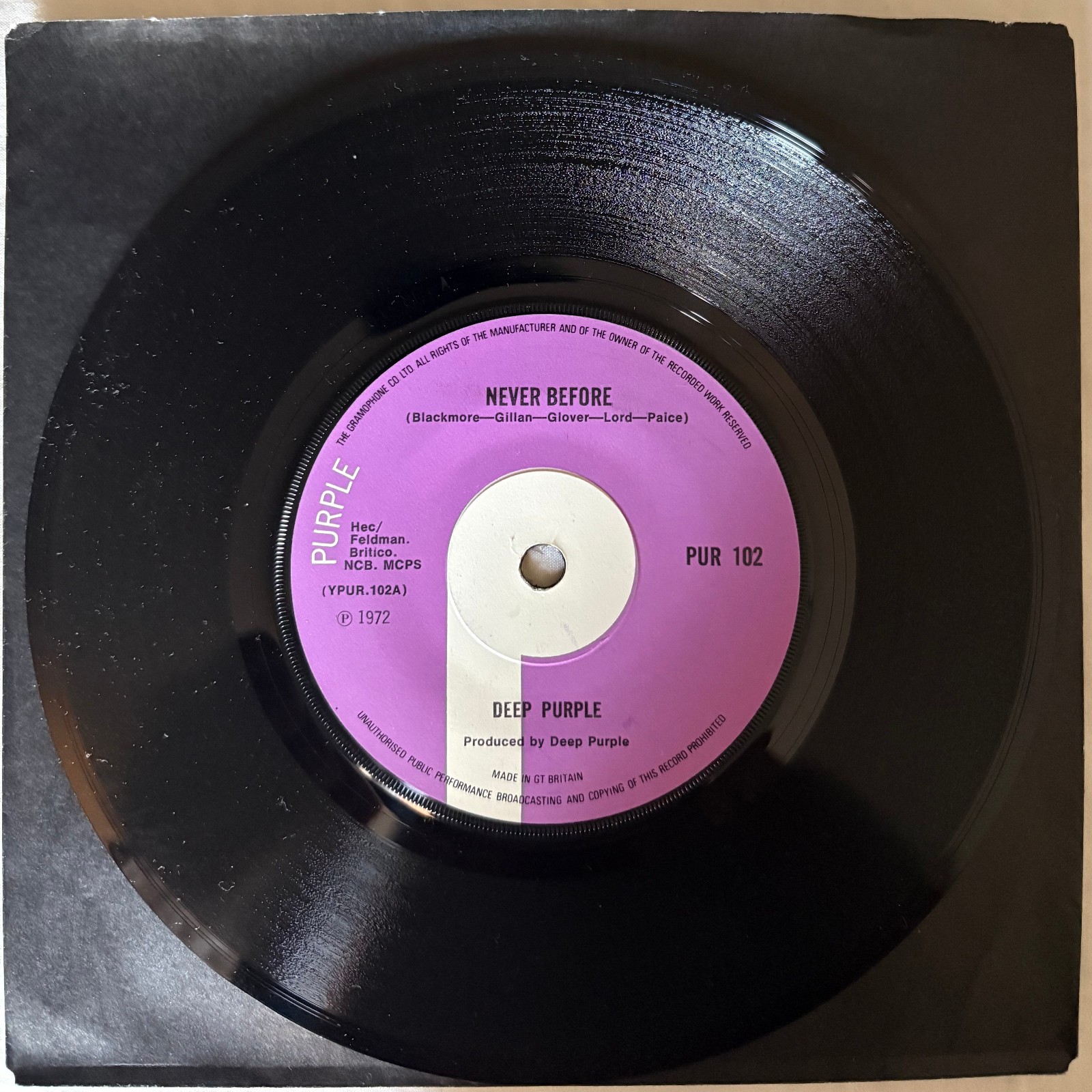 DEEP PURPLE NEVER BEFORE SOLID LABEL 7" UK