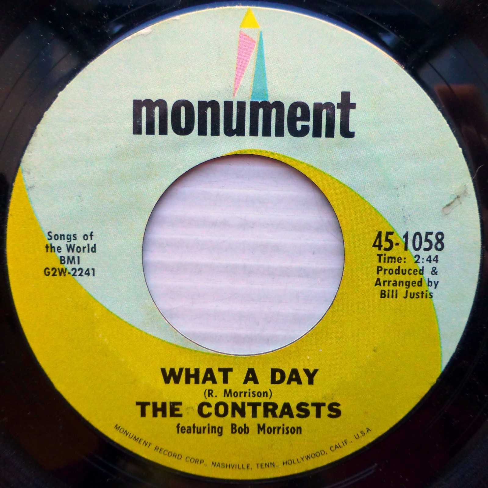 CONTRASTS 60's Rock Mint Minus MONUMENT 45 WHAT A DAY 7" 45RPM Single