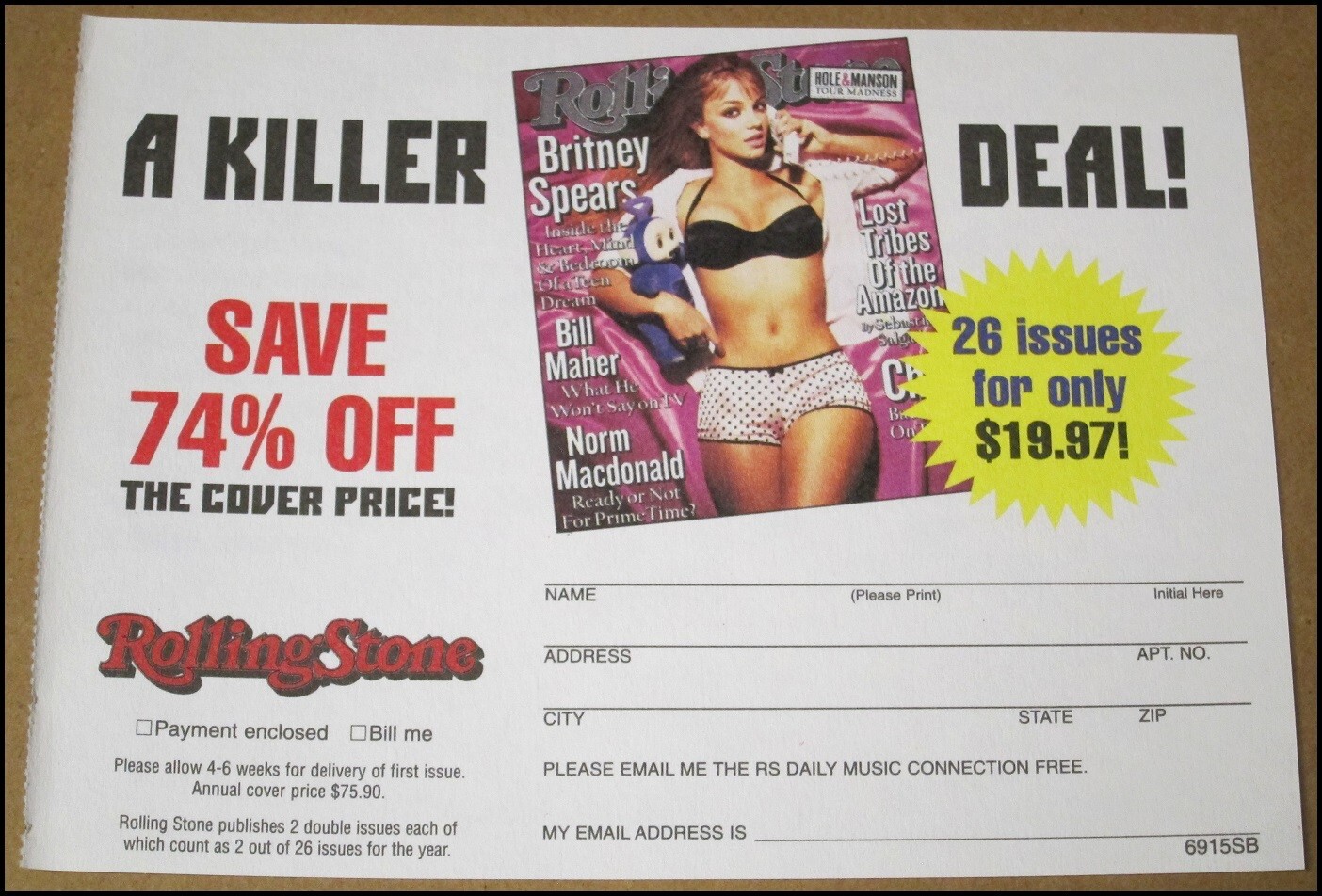 1999 Britney Spears Rolling Stone Blank Promo Advertisement Card 5.75"x4.25" Ad