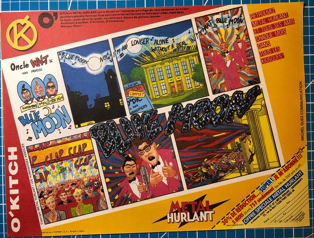 ONCLE WALT BLUE MOON PLANCHE INÉDITE SET DE TABLE PUBLICITÉ O'KITCH 1986
