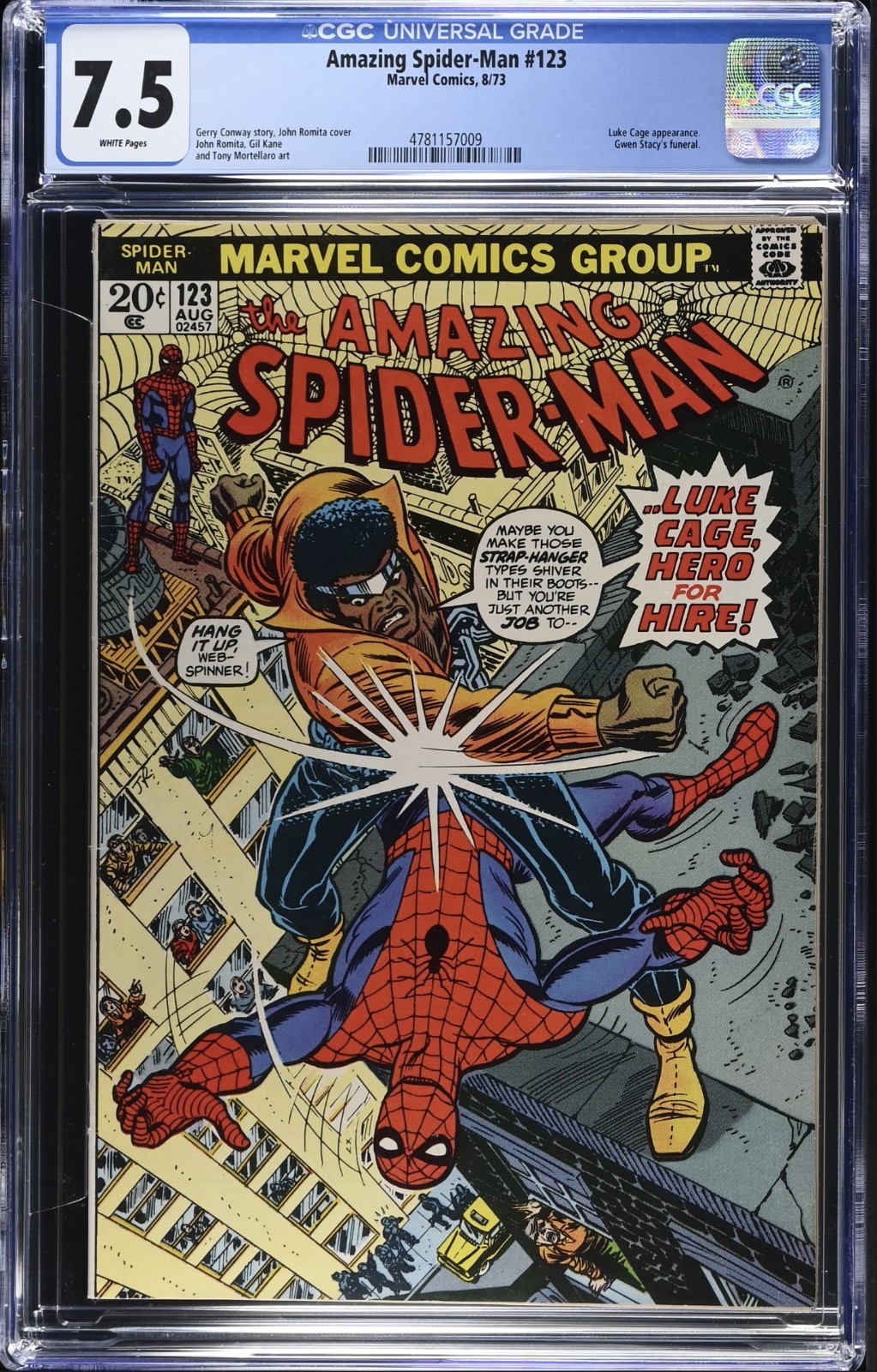 Amazing Spider-Man #123 CGC 7,5 pagine bianche Gwen Stacy funerale Luke Cage 1973