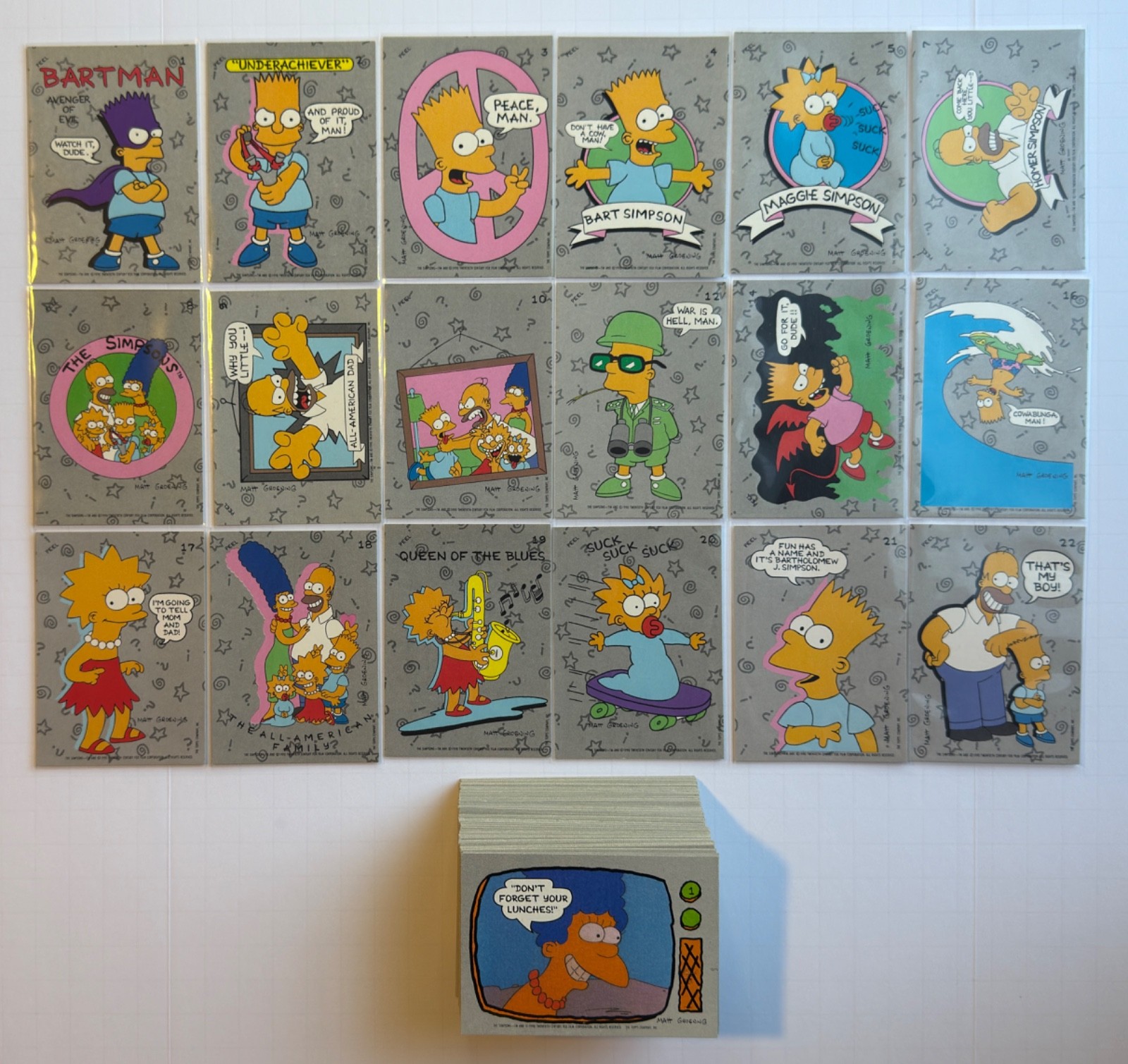 Lotto carte Topps I Simpson 1990 84/88 base + adesivi 18/22 102 carte BARTMAN
