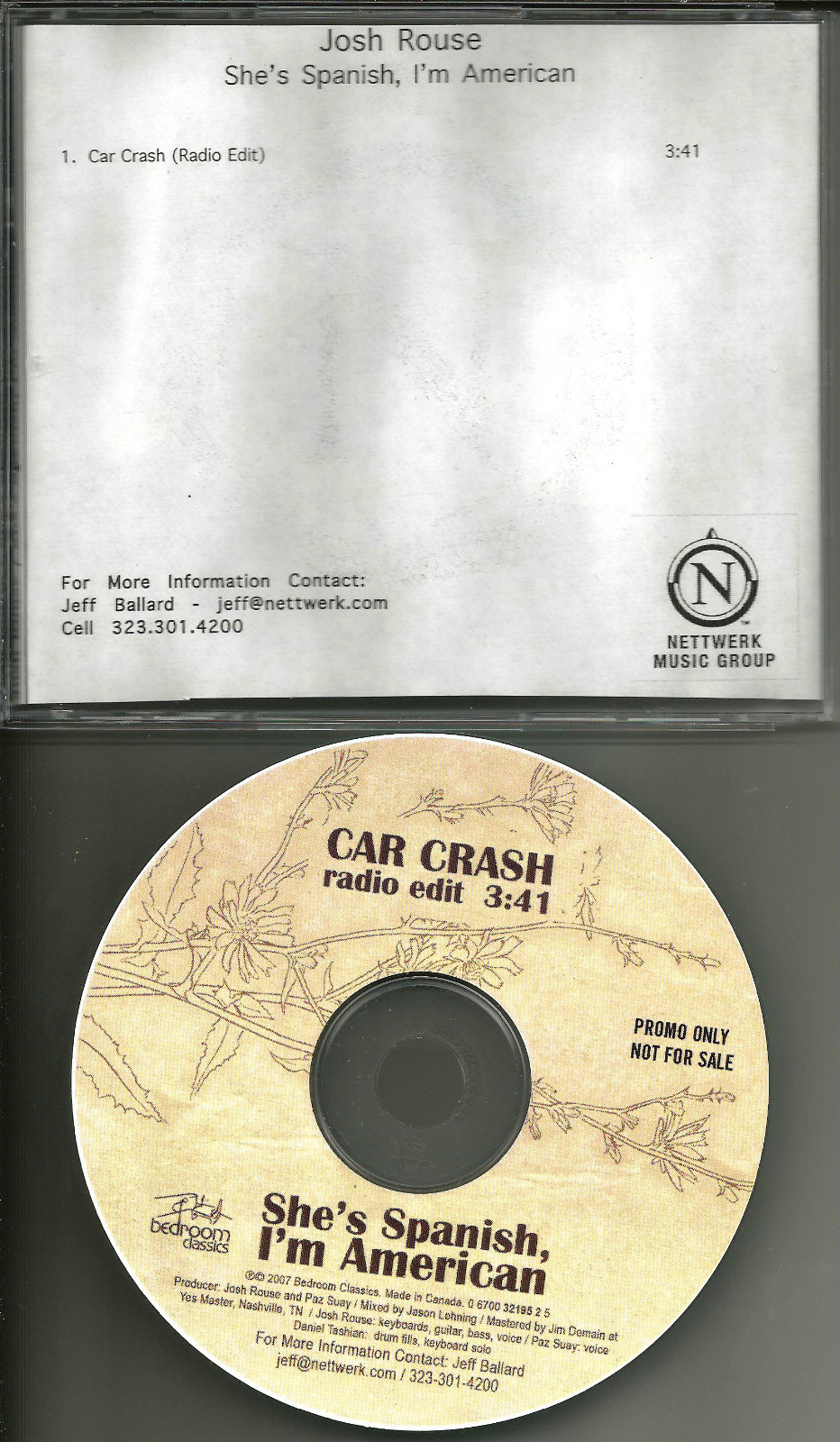 JOSH ROUSE Car Crash  w/ RARE RADIO EDIT TST PRESS PROMO DJ CD Single 2007