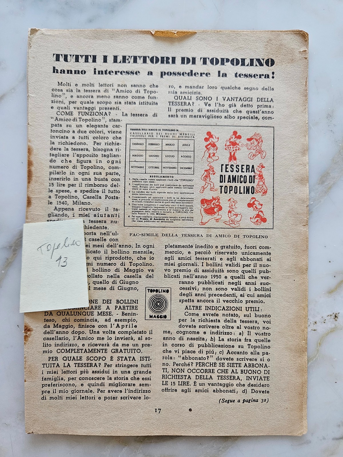 Topolino libretto n.  13 -   solo pagina punti da 17 a 26 - per restauro