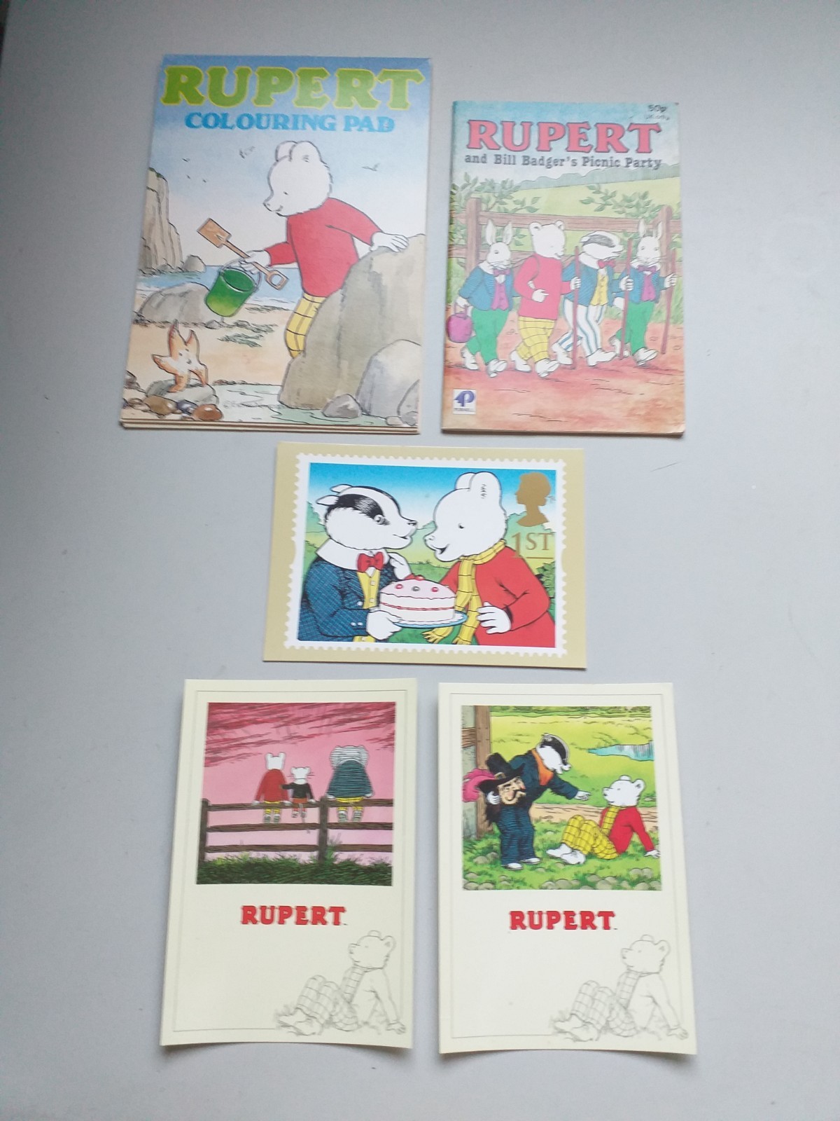 RUPERT BEAR ITEMS, POST CARDS, BOOK & COLOURING PAD * GOOD CONDITION *