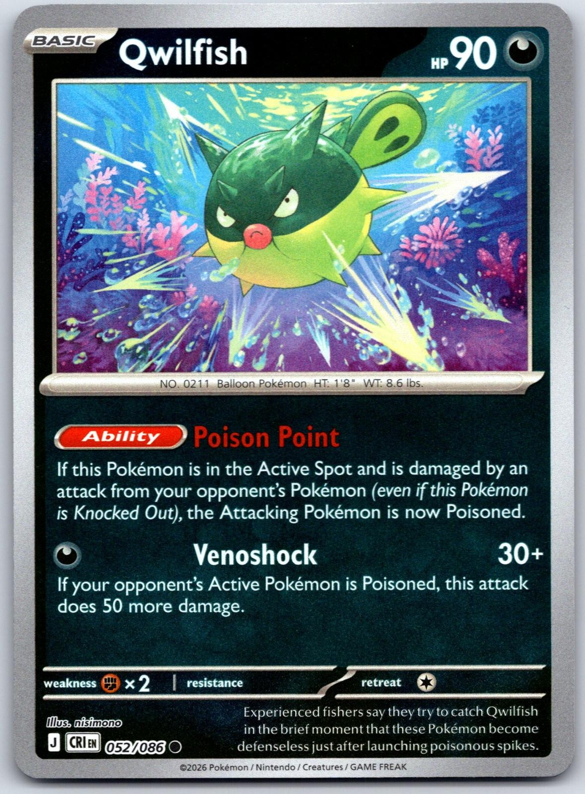 Qwilfish 052/086 Pokemon Common Chaos Rising Reverse Holo Near Mint