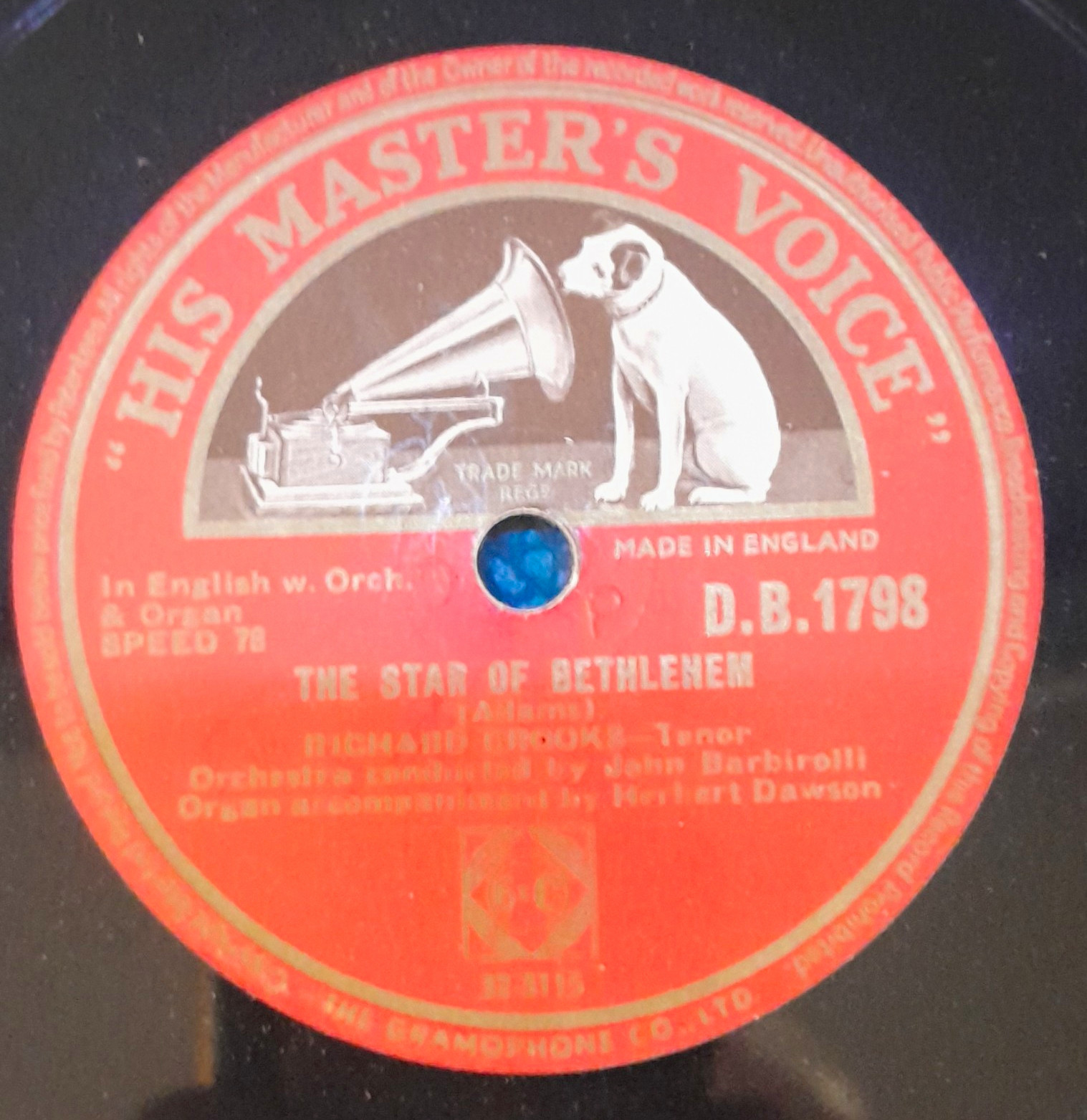 His Master's Voice Richard Crooks The Star of Bethlehem 78 RPM D.B.1798