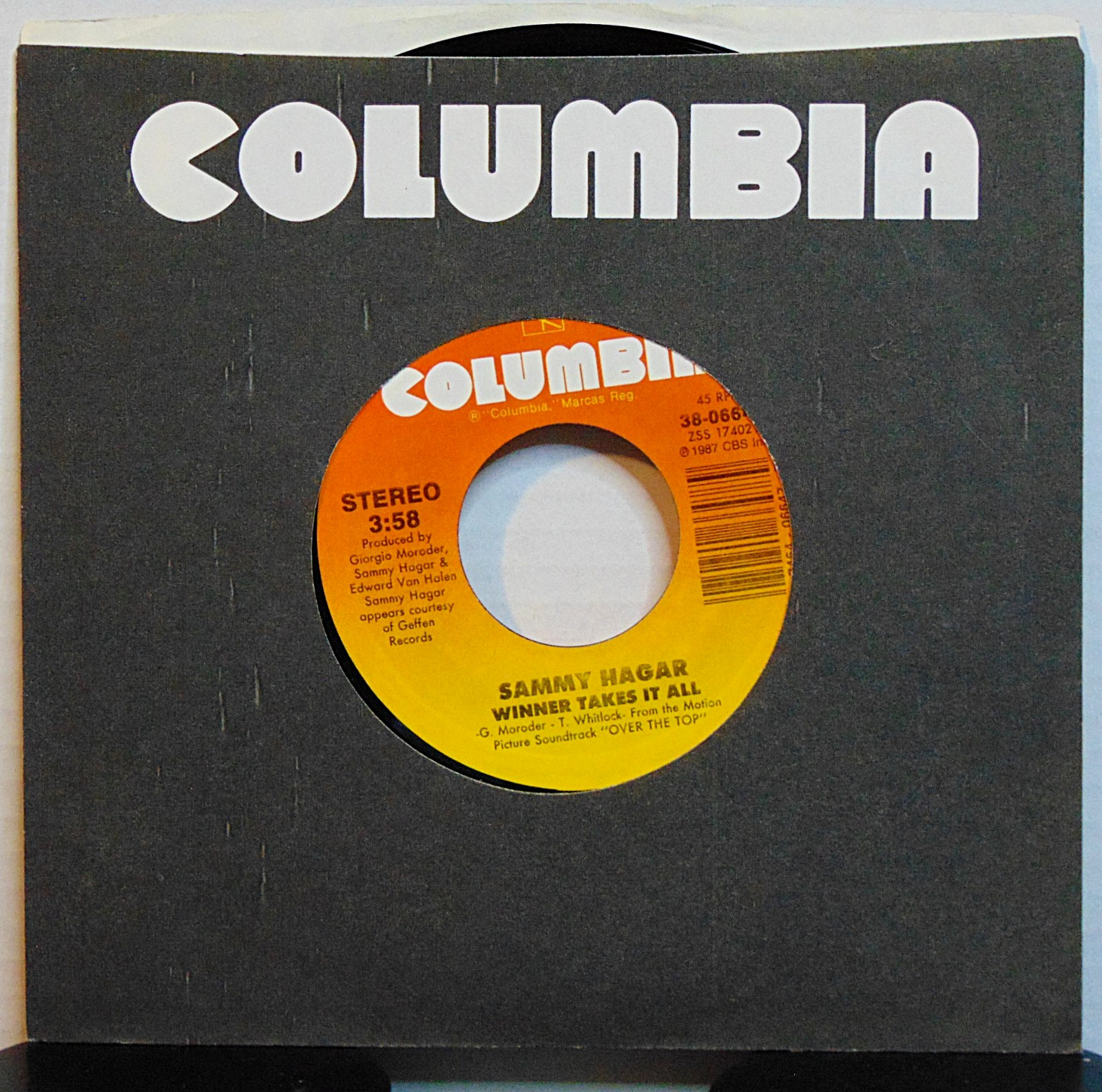 Sammy Hagar – Winner Takes It All - 1987 Columbia 38-06647 Rock 7" Single Record