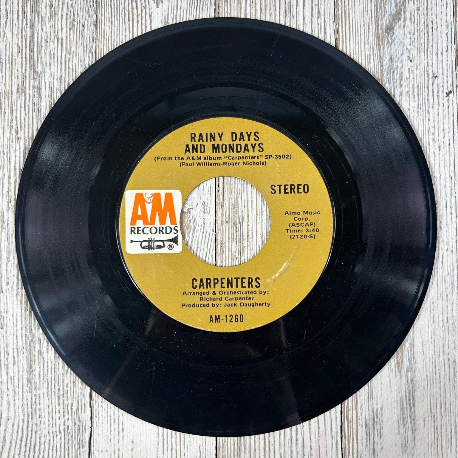 Carpenters - Rainy Days And Mondays 7" Single 1971 A&M Pop Stereo 45 RPM