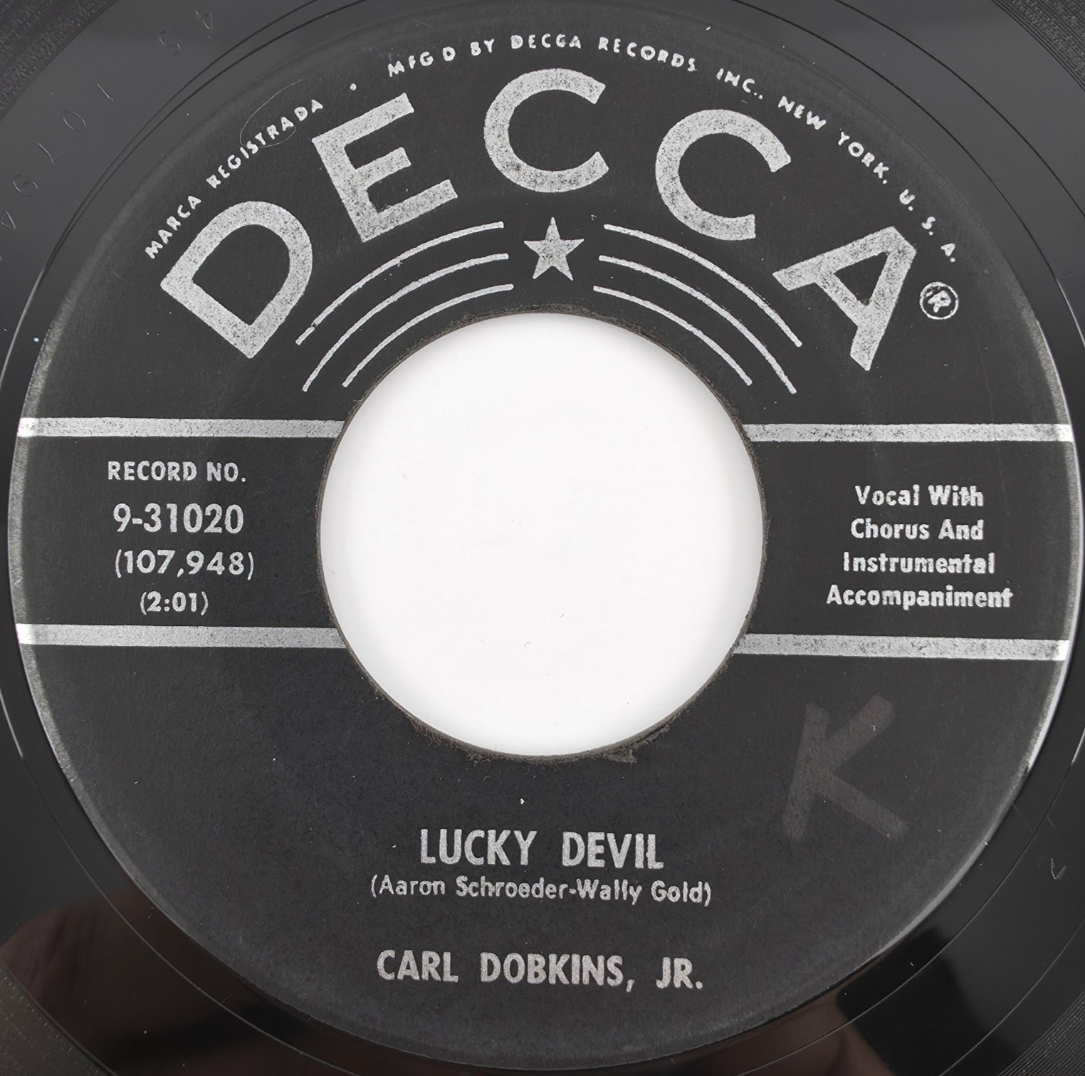 Carl Dobkins, Jr. – Lucky Devil / In My Heart 1959 45 rpm 7" Single Vinyl Record