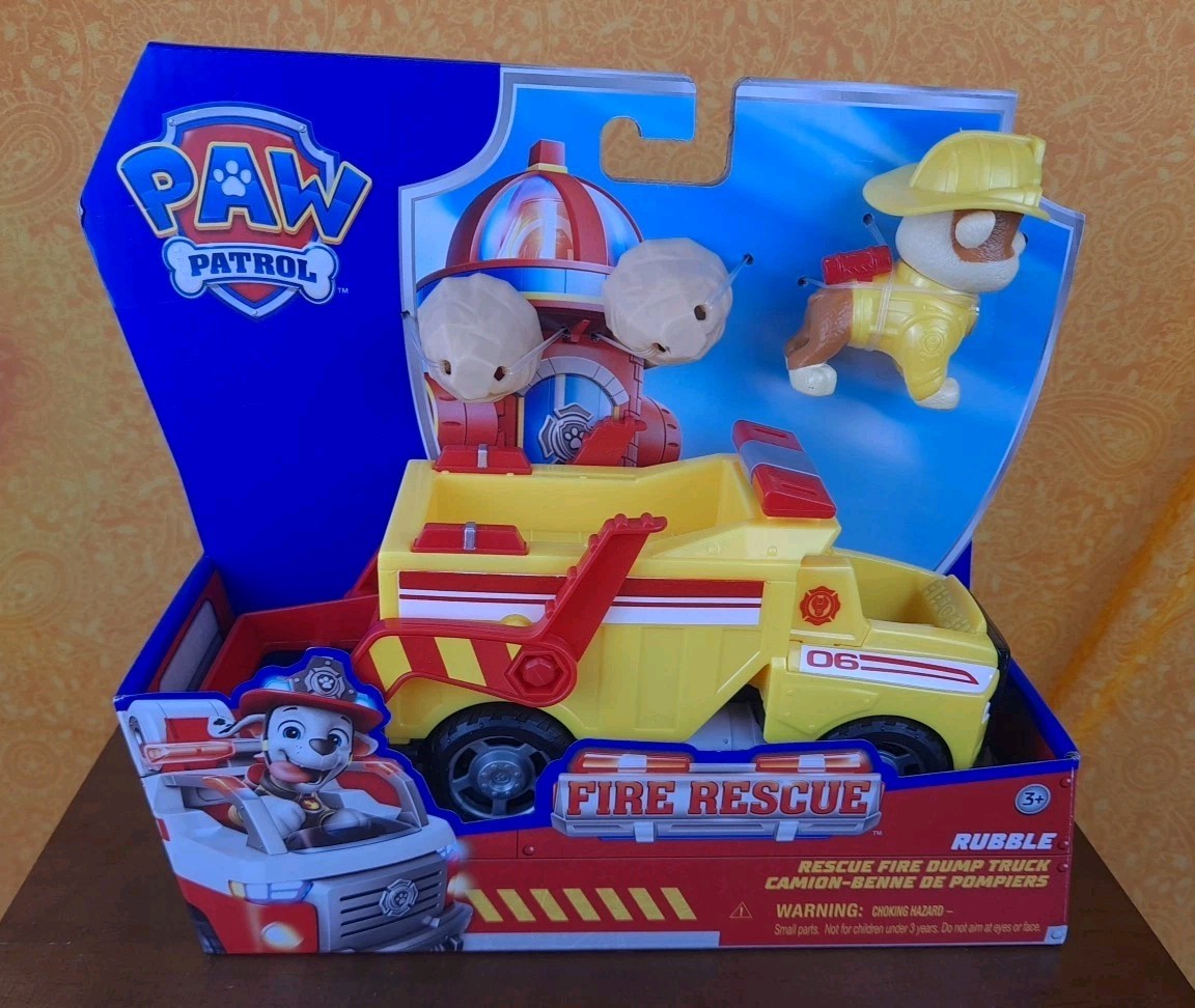 Paw Patrol Fire Rescue Rubble Rescue Fire Dumper camion veicolo e figura nuovo