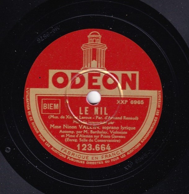 Vallin. Rimsky-Korsakov (Sadko-Chant Hindou) + Leroux (Le Nil). Odeon 123.664