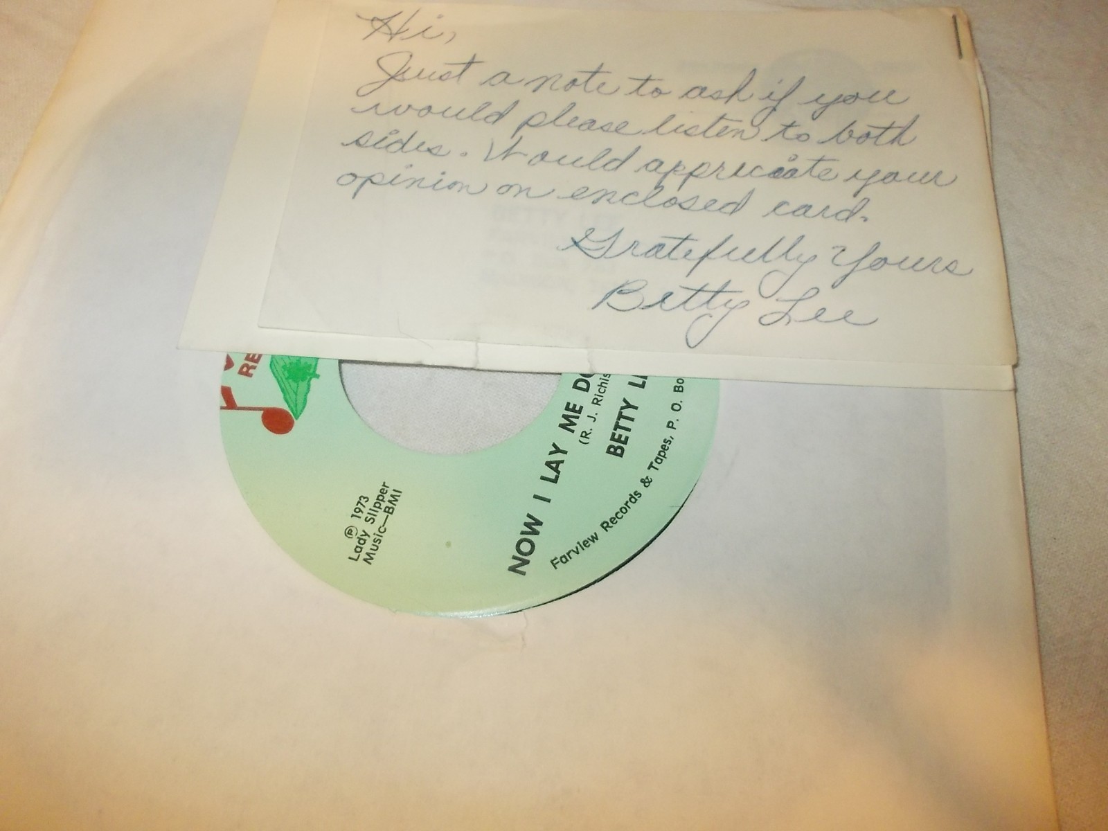 Betty Lee Now I Lay Me Down To Sleep b/w Tell Me You Care RARE Personal Note 45