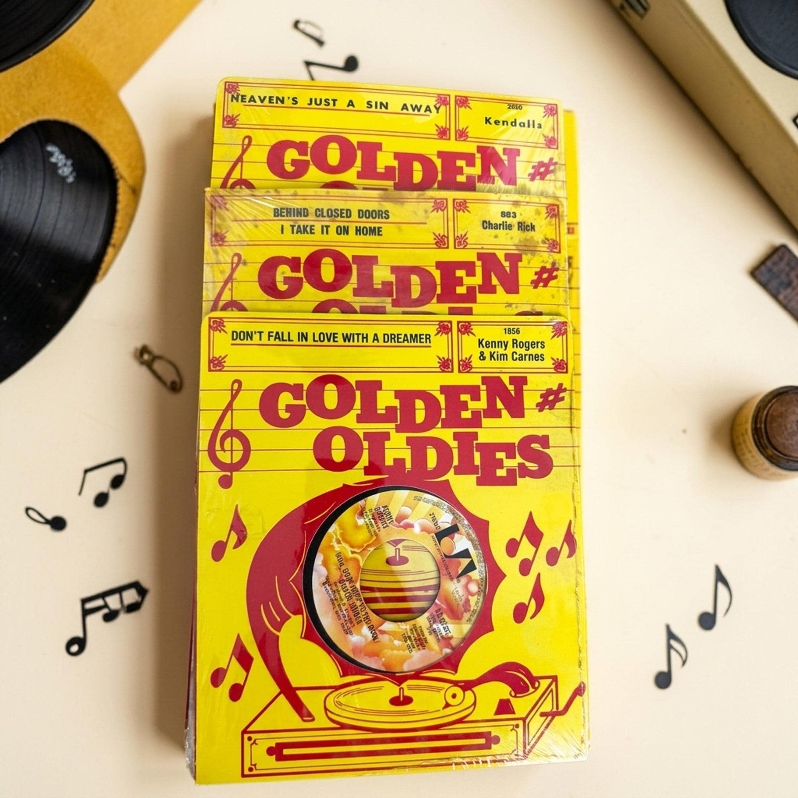 Golden Oldies 45 RPM record case vintage, bright yellow red, retro jukebox decor