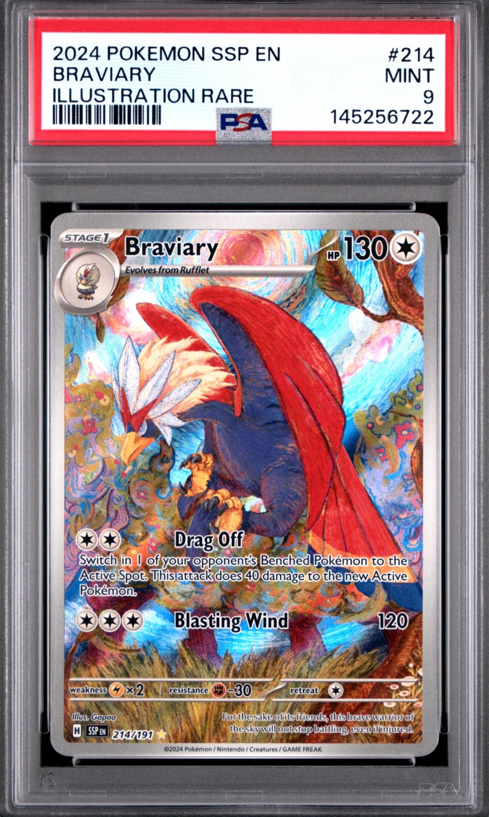 2024 Pokemon Surging Sparks Braviary Illustration Rare PSA 9