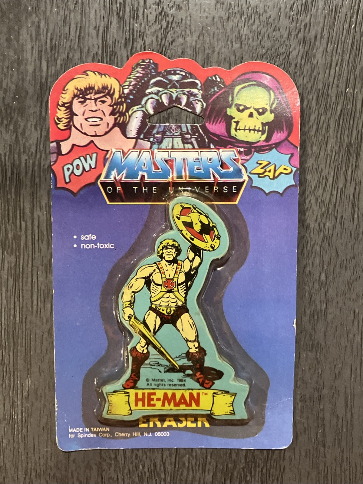 He-Man Eraser Masters of the Universe 1984 Spindex vintage su cartoncino sigillato