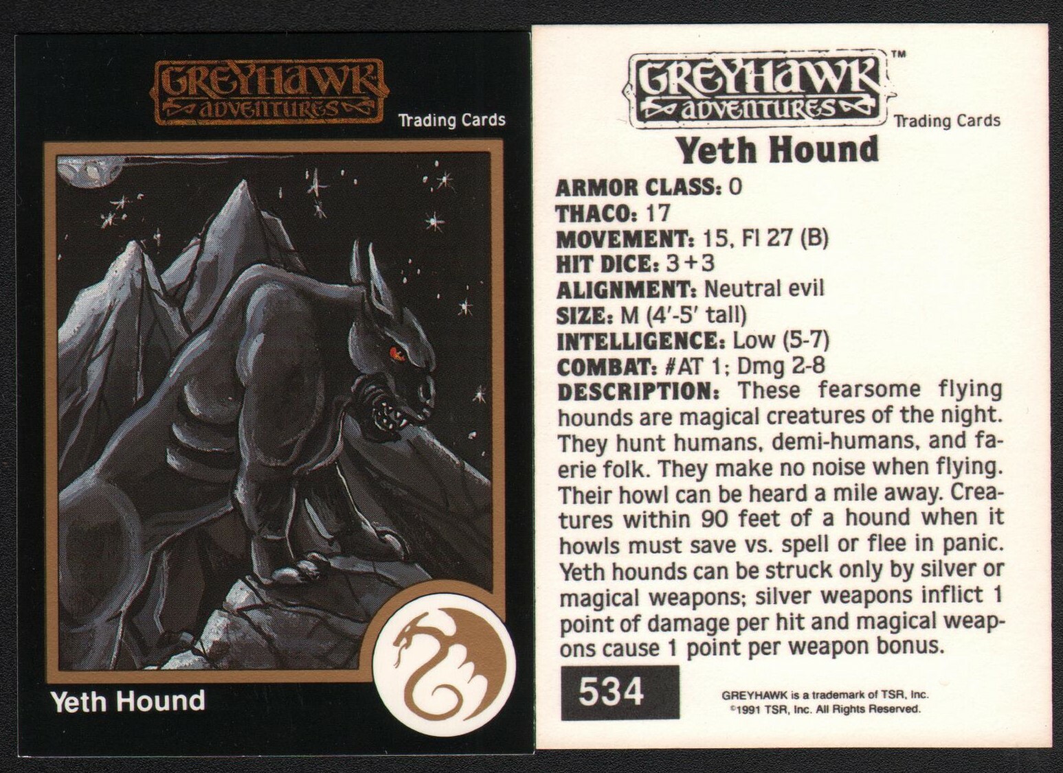 1991 TSR AD&D Gold Border RPG Fantasy Art Card #534 Greyhawk Yeth Hound Monster