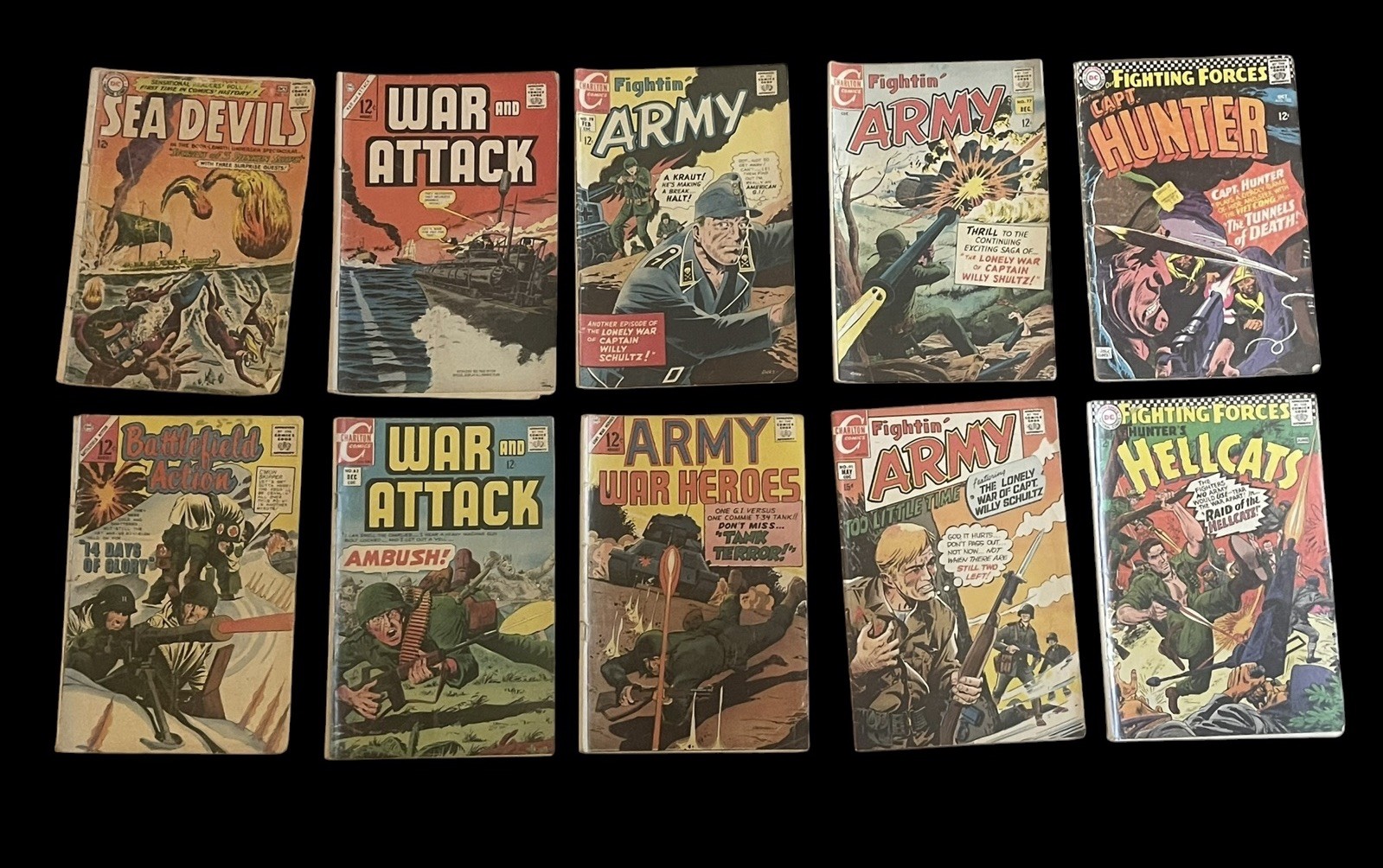 Vintage Lot Of 10 War Comics - Hellcats, Army Heroes Etc. (every Comic In Pic)