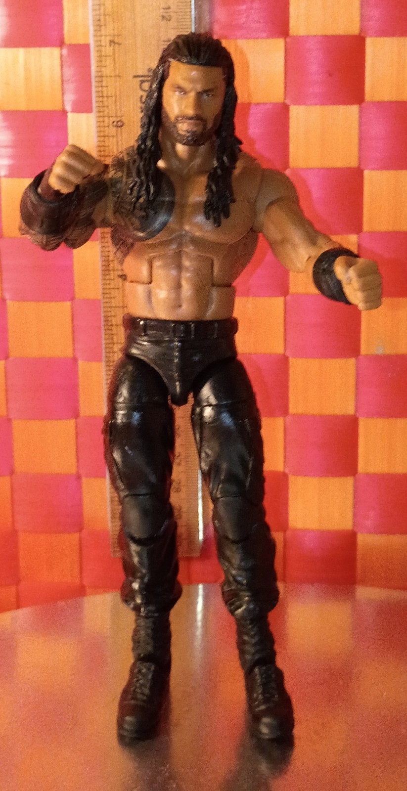 Wrestler, AF, male w/black long hair in black outfit, 7"h, WWE, 2012 by Mattel