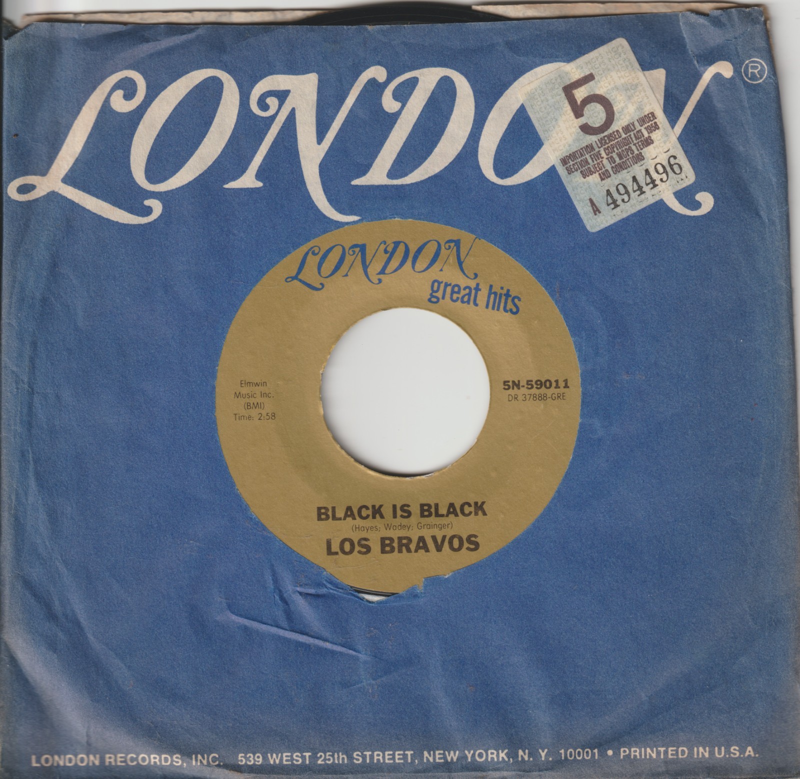 Los Bravos – Black Is Black / Bring A Little Loving - London - 5N-59011 *USA*