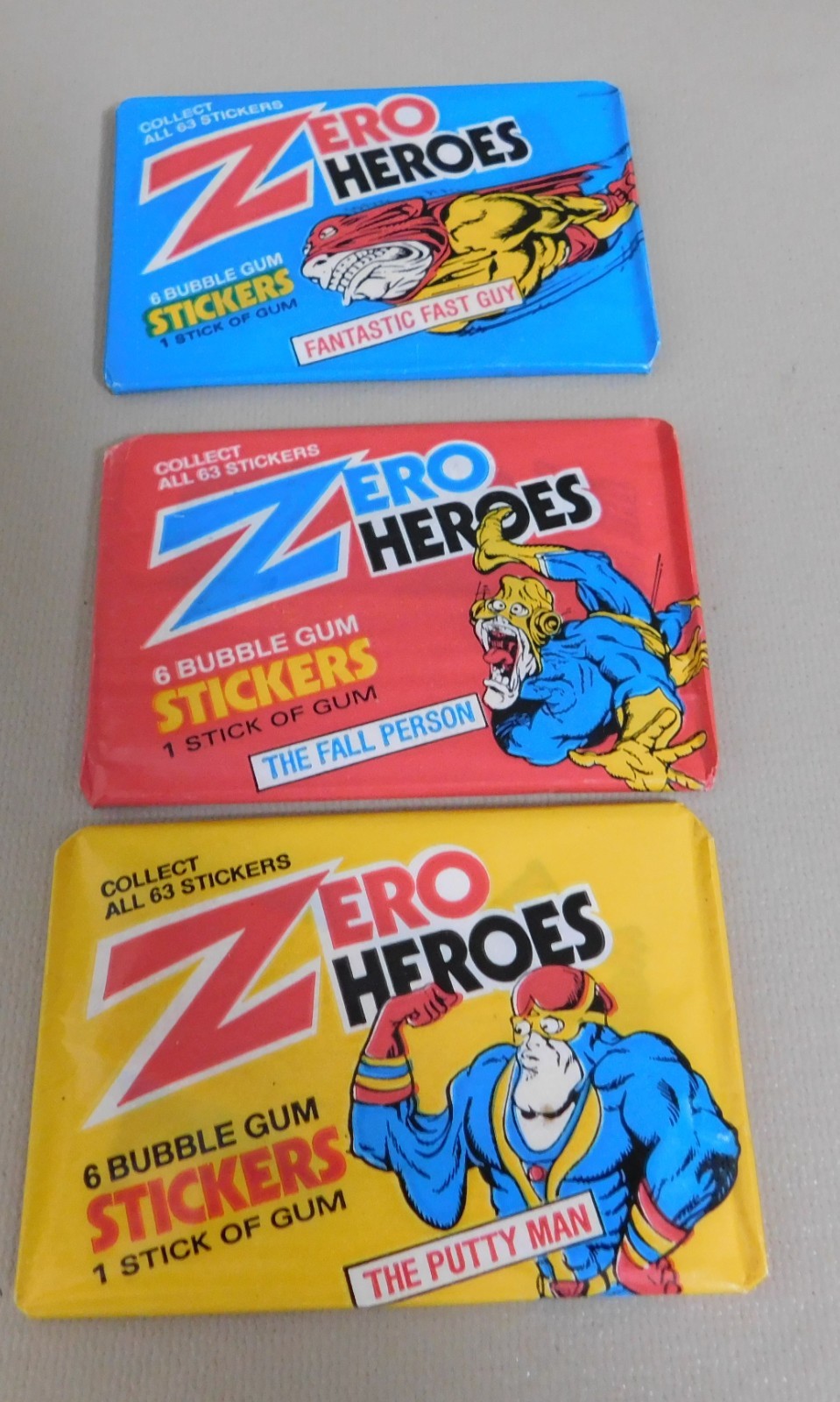 Vintage (3) Sealed Wax PACKS of 1983 DONRUSS ZERO HEROES TRADING CARD STICKERS