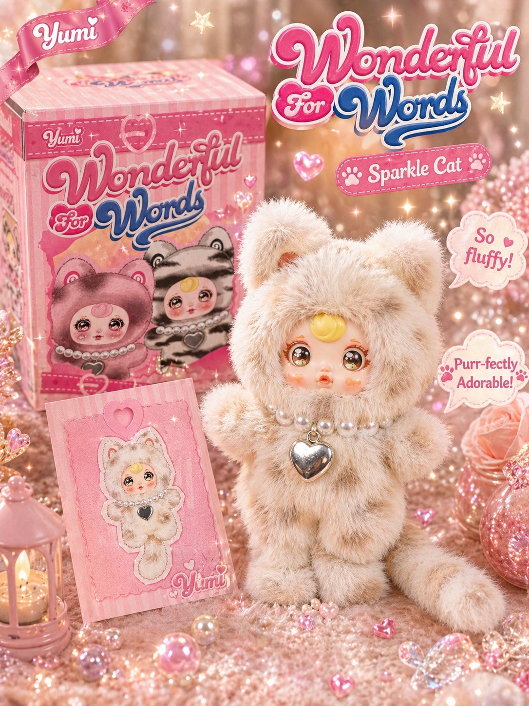 YUMI WONDERFUL FOR WORDS SPARKLE CAT  PLUSHIE - FLUFFY COLLECTIBLE PENDANT TOY