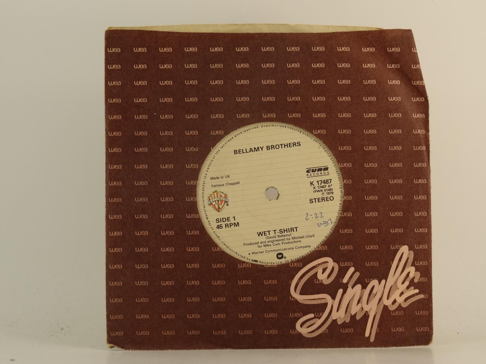 BELLAMY BROTHERS WET T-SHIRT (87) 2 Track 7" Single plus Company Sleeve WEA RECO