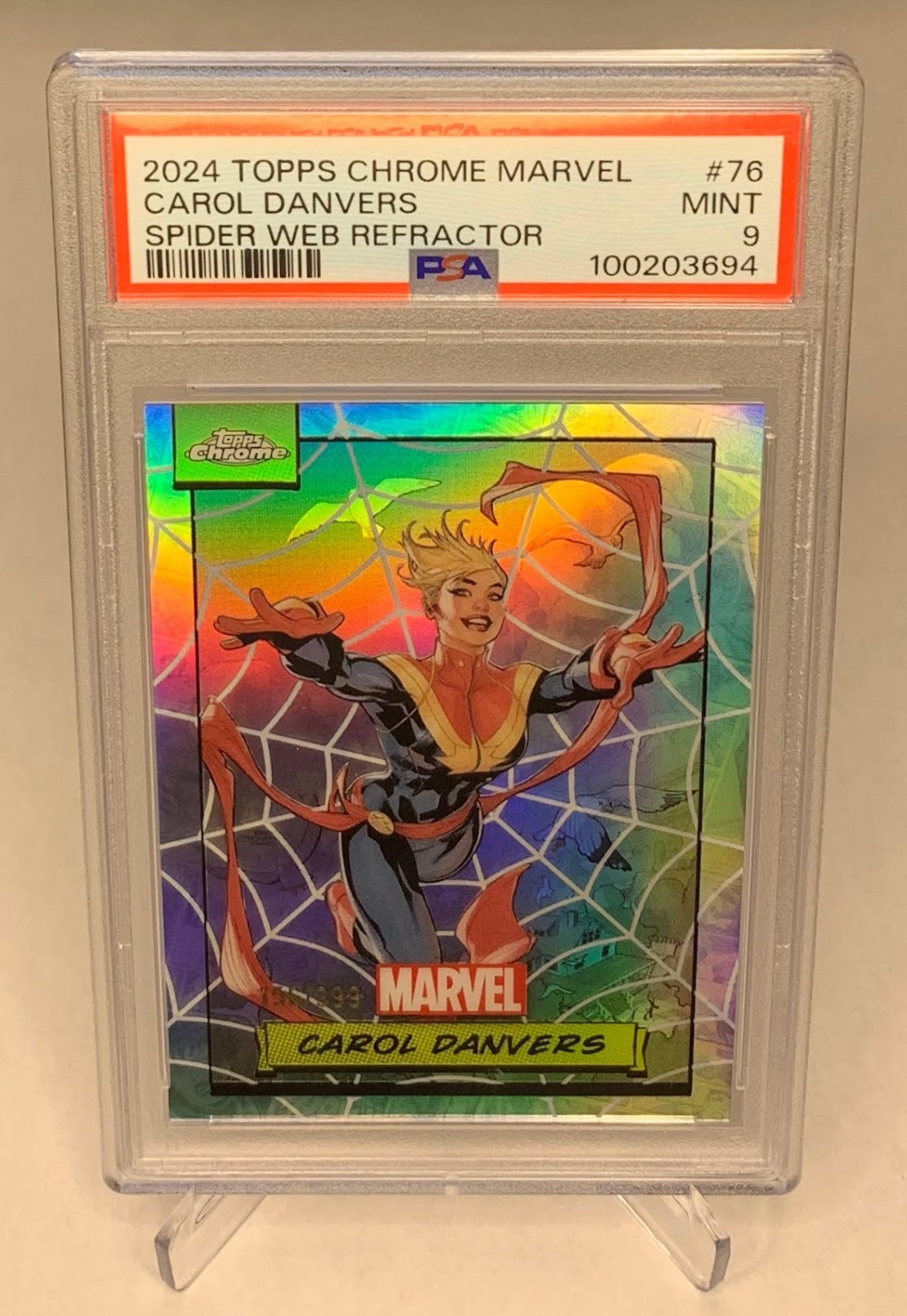 2024 Topps Chrome Marvel Carol Danvers Spider Web Refractor /399 PSA 9