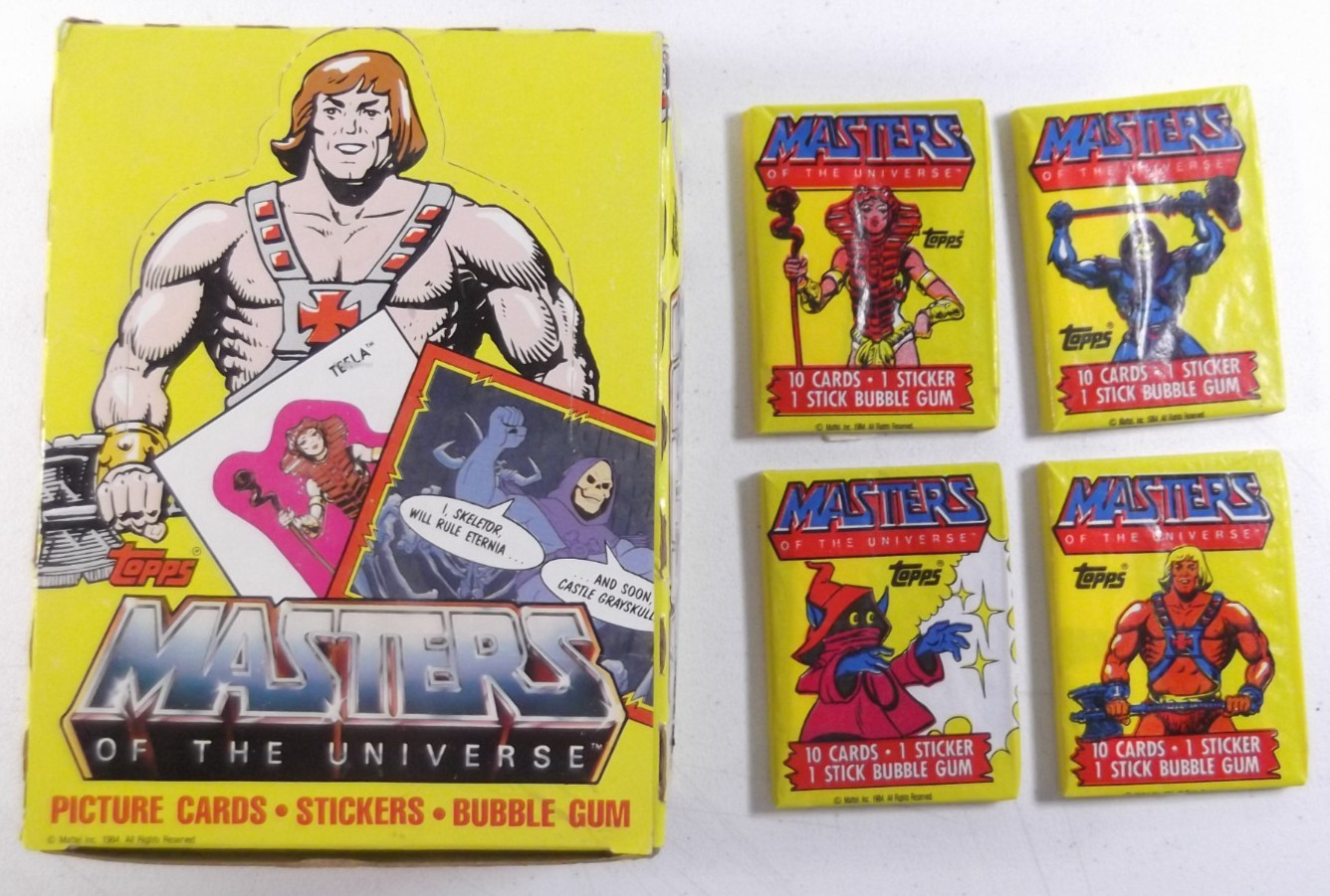 Topps Masters of the Universe Wax Box 4 confezioni Heman Vintage 1984 Skeletor orko teela