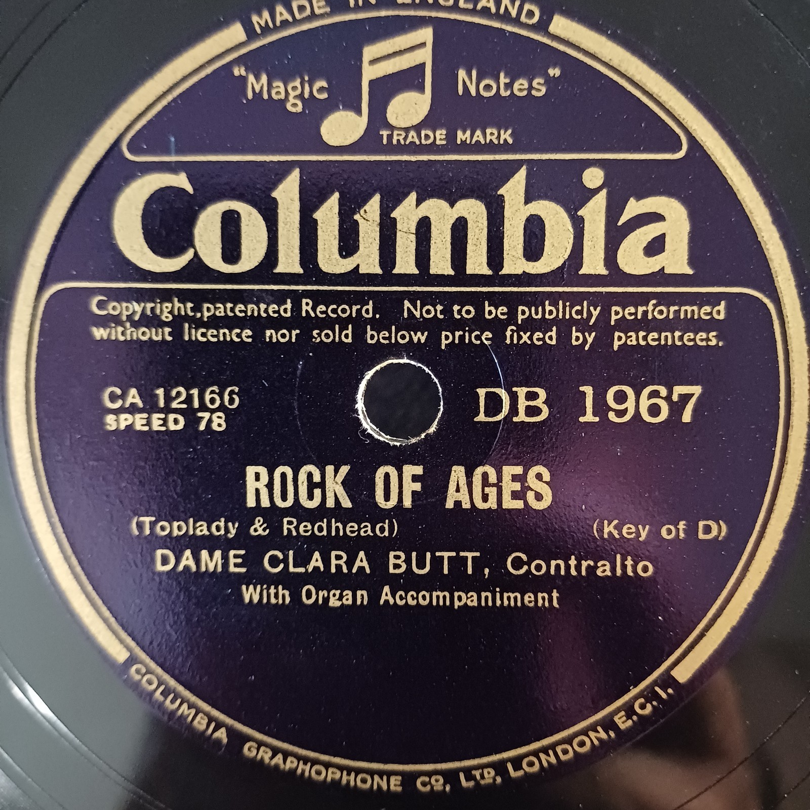 CLARA BUTT Rock Of Ages COLUMBIA DB1967 10" 78RPM Gramophone Record