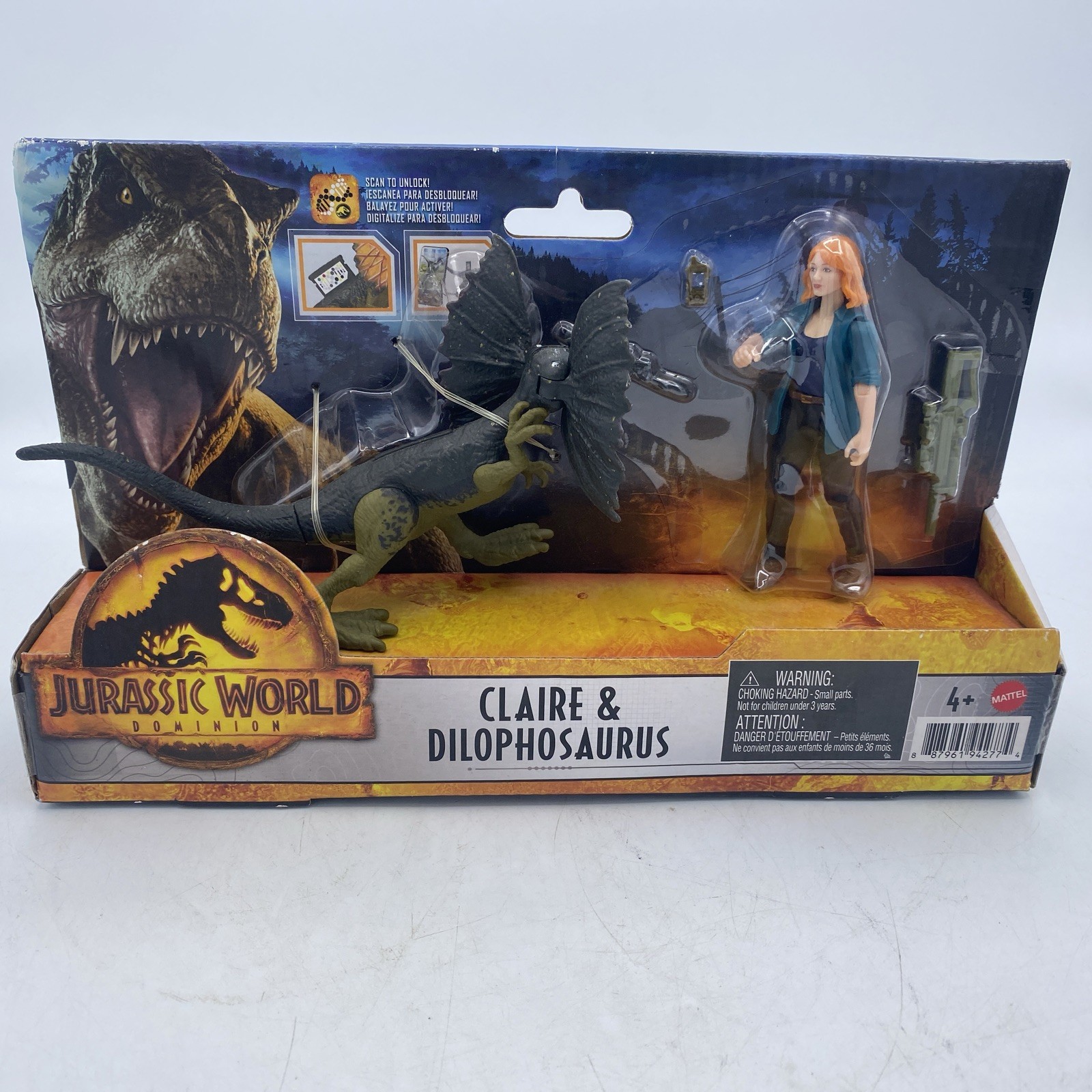 Modellino dinosauro Jurassic World Dominion Claire & Dilophosaurus giocattolo nuovo