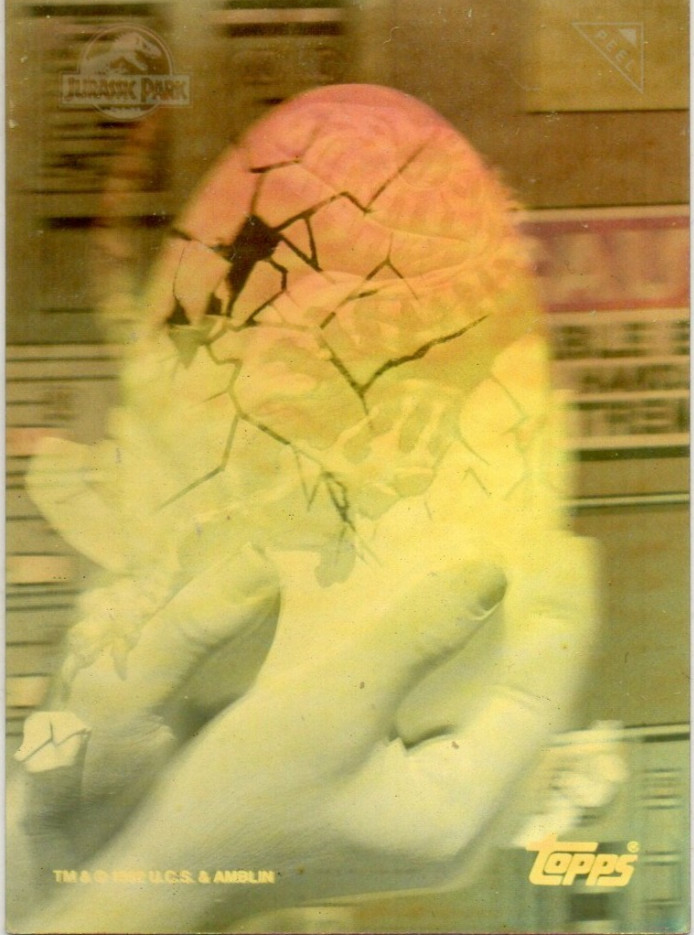 Jurassic Park Topps 1993: 3 of 4 Baby Velociraptor Amberchrome Hologram Promo