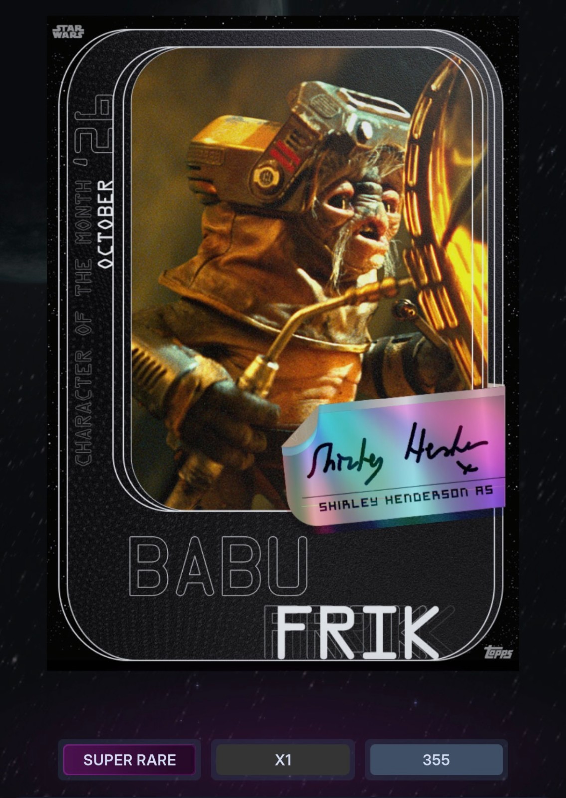 Topps Star Wars Card Trader Character of the Month Babu Frik 2026 Signature #11