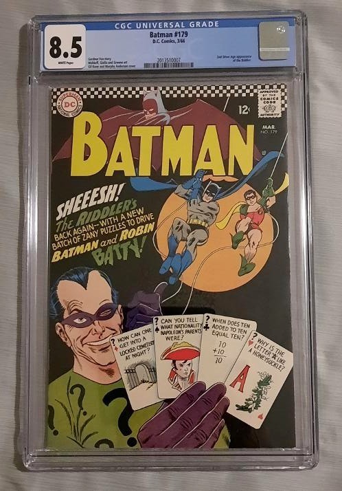 Batman #179 1966 CGC 8.5 VF+ WHITE Pagine 2° Silver Age Apparizione di Enigmista